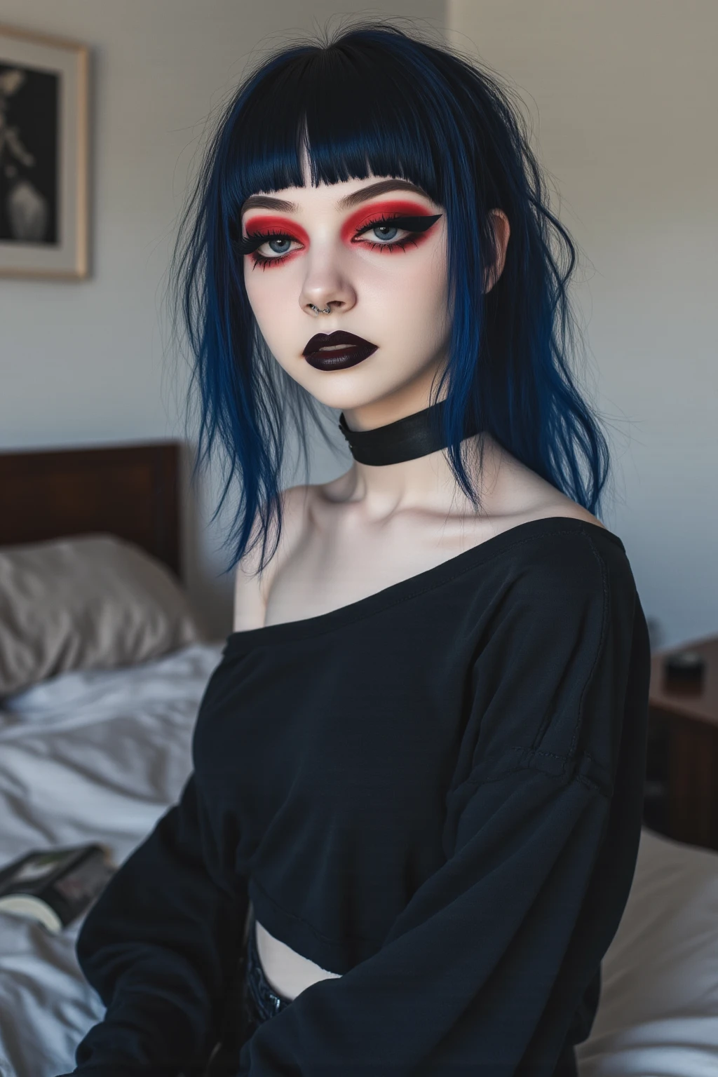 1girl, woman, emo_hairstyle, navy blue hair, black lipstick, big choker, eyeliner, red eyeshadow, grey eyes, mascara, smoky eyes, black lips, bedroom, natural lighting, perfect face, emo, , black lips, sweatshirt, over the shoulder, tattoo