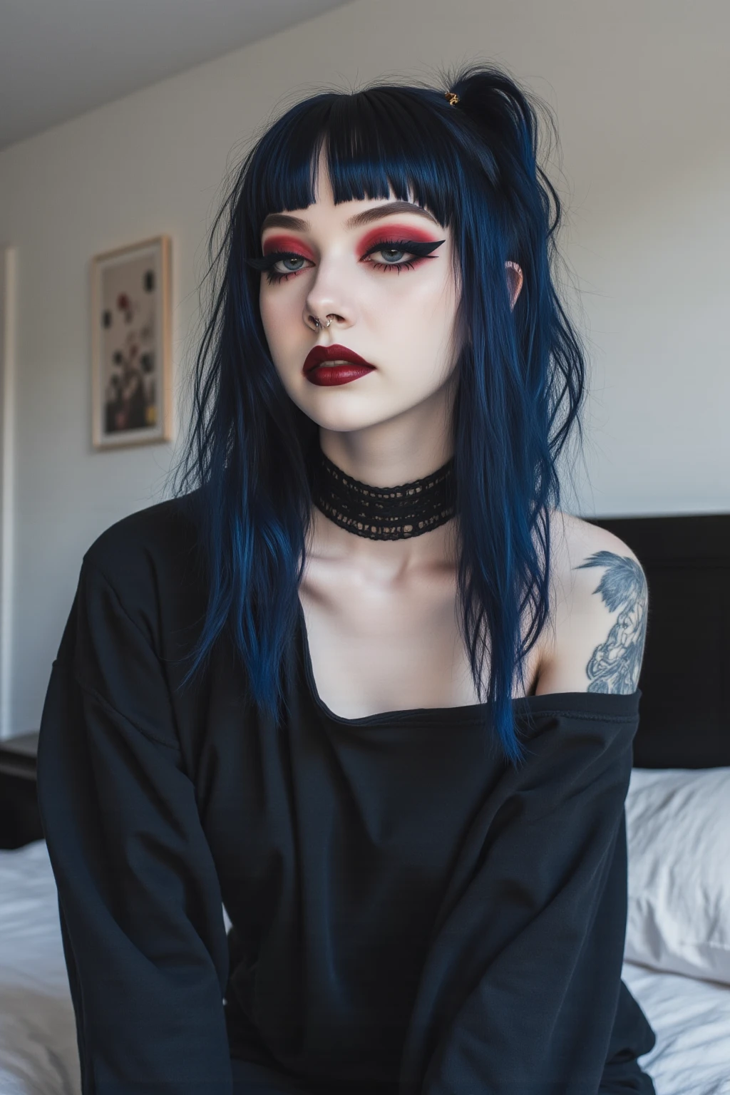 1girl, woman, emo_hairstyle, navy blue hair, black lipstick, big choker, eyeliner, red eyeshadow, grey eyes, mascara, smoky eyes, black lips, bedroom, natural lighting, perfect face, emo, , black lips, sweatshirt, over the shoulder, tattoo
