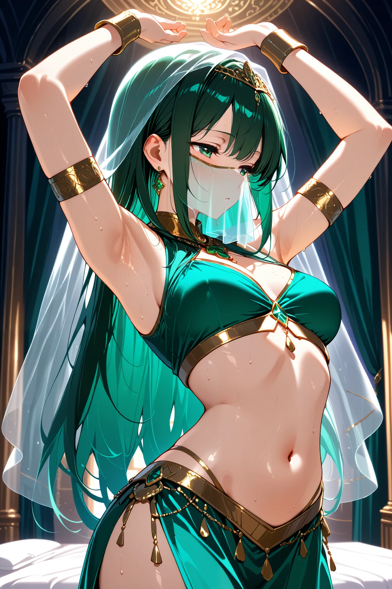 (masterpiece),(absurdres),(ultra detailed),(beautiful detailed),(solo lady),(20-year-old),(shiny dark green hair),(dark green eyes),(straight long hair),bangs:1.1,(()),(middle breast:0.8),(()),morning lighting:1.3,、arabian palace background、(Arabian Belly Dancer Outfit 、blue)、 Cropped Tops 、(Transparent Veil:1.1)、 Transparent Face Veil 、Loin cloth、 skirt、 pants,half-closed eyes,looking away:1.2、(Overhead arms:1.2),sweat,