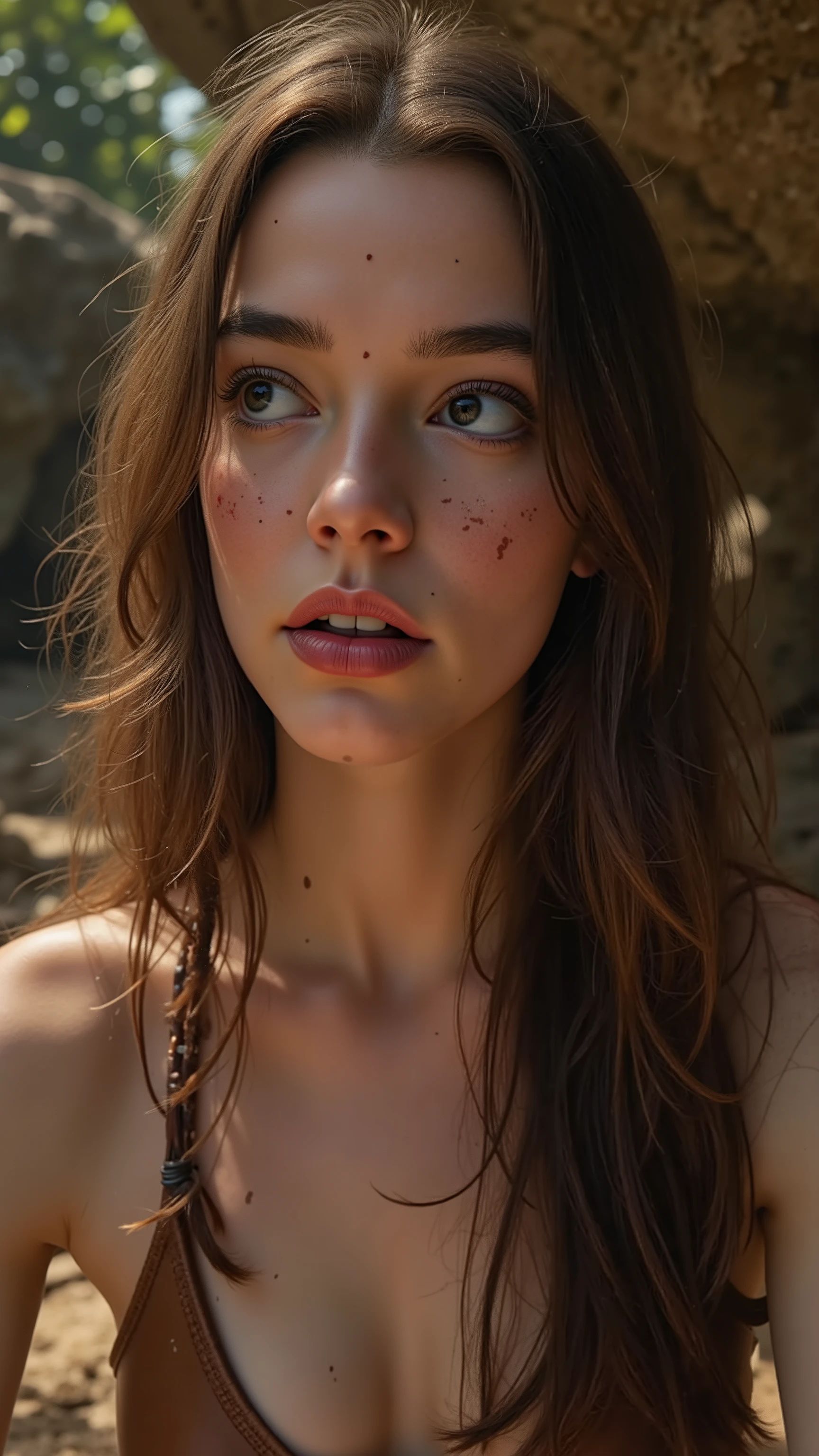 🖼️ quality & silent:
( 8K Ultra HD, photorealistic, masterful lighting , cinematic lighting, petals fall gently , rough and realistic look, Authentic skin texture , natural imperfections , dirtye Haut & Clothing).
🌿 Scene & background:
wide, untamed nature — dense jungles , rocky steppes, wild rivers, campfire at dusk.
Weather & atmosphere: dusty air, morning mist, sun heat on cracked ground.
dynamic actions:
gathering - crouched, looking at berries or roots .
when hunting — spear in hand , tense muscles, hunting instinct in the eyes.
In front of a cave — protective , with a torch or improvised Weapons .
At the campfire — glowing flames reflect on their sweaty, dusty skin.
when catching a man – playful-dominant, triumphant expression.
👩 Figure & Styling:
athletic, wild woman with untamed charisma .
long, tousled hair, marked by wind and dirt.
minimalistic , primitive Clothing – Leder, animal skins, woven plant fibers, tight, but practical.
dirty skin & Clothing – Spuren von Erde, scratches, sweat.
tribal War painting — lines drawn with natural colors & Muster.
📷 Camera & Pose:
total body shot from various angles , slightly focused from below for a powerful appearance .
Unterschiedliche Pose & Expressions :
determined & — ready for fighting or hunting .
seductive & wild — playful smile , dominant look.
Pensive & powerful — looking into the distance , illuminated by fire or moonlight .
🔥 A sensual , wild depiction of prehistoric woman — strong , dirty, daring and irresistible. 🔥