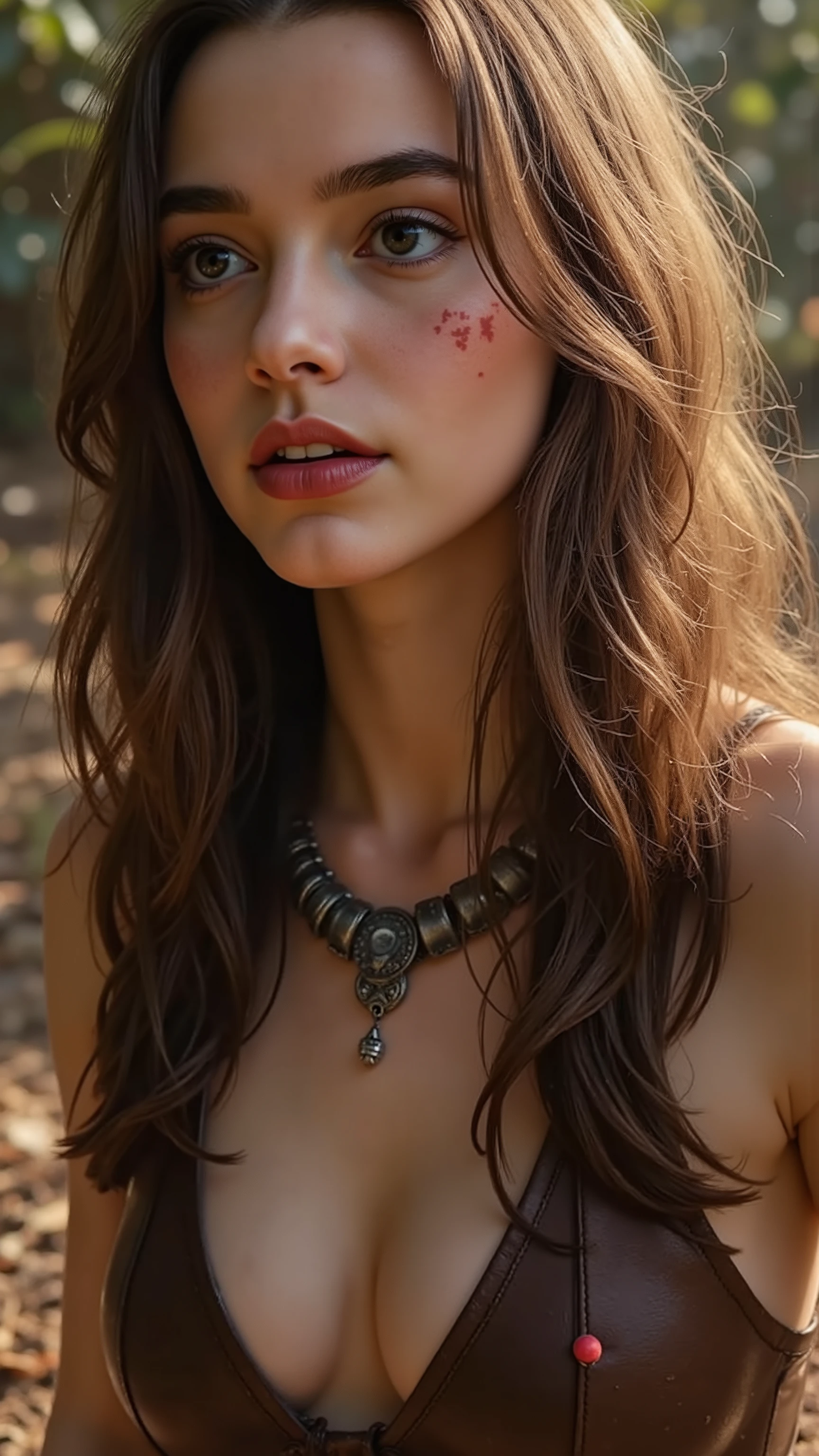 🖼️ quality & silent:

( 8K Ultra HD,  photorealistic,  masterful lighting ,  cinematic lighting,  petals fall gently , rough and realistic look,  Authentic skin texture , natural imperfections , dirtye Haut & Clothing).
🌿 Scene &  background:

    wide,  untamed nature — dense jungles , rocky steppes, wild rivers, campfire at dusk.
    Weather &  atmosphere: dusty air, morning mist, sun heat on cracked ground.
    dynamic actions:
        gathering - crouched,  looking at berries or roots .
         when hunting — spear in hand , tense muscles, hunting instinct in the eyes.
         In front of a cave — protective ,  with a torch or improvised Weapons .
         At the campfire — glowing flames reflect on their sweaty, dusty skin.
        when catching a man – playful-dominant, triumphant expression.

👩 Figure & Styling:

    athletic,  wild woman with untamed charisma .
    long,  tousled hair, marked by wind and dirt.
     minimalistic , primitive Clothing – Leder, animal skins, woven plant fibers,  tight, but practical.
    dirty skin & Clothing – Spuren von Erde, scratches, sweat.
     tribal War painting — lines drawn with natural colors  & Muster.

📷 Camera & Pose:

     total body shot from various angles ,  slightly focused from below for a powerful appearance .
    Unterschiedliche Pose & Expressions :
        determined &  — ready for fighting or hunting .
         seductive &  wild — playful smile ,  dominant look.
        Pensive &  powerful — looking into the distance ,  illuminated by fire or moonlight .

🔥 A sensual ,  wild depiction of prehistoric woman — strong , dirty, daring and irresistible. 🔥