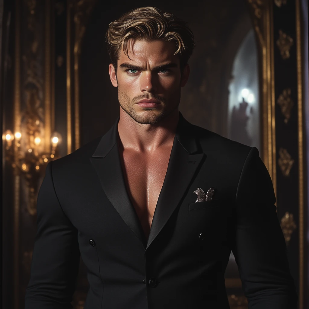 A distant image, at night, un hombre extremadamente hermoso y very engreído, golden hair, very masculino, very guapo, with a small golden crown, big and fit, green eyes, dressed in black, all covered with the cape, He is a king, with black gloves on his hands, with a black cape, a golden crown on its side, at night, in the background a golden room with black, very poco iluminada, very, pero very hermoso