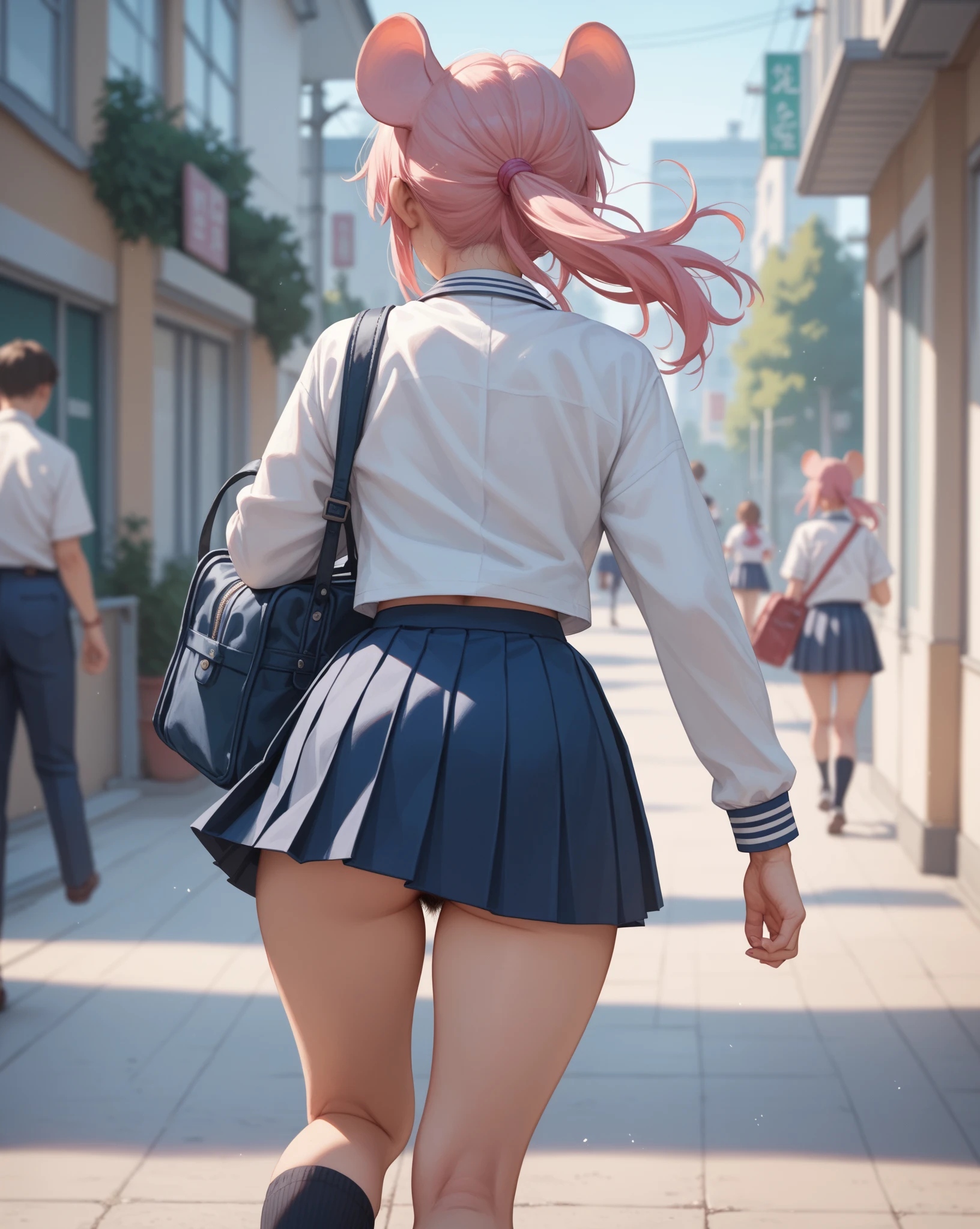 highest quality、one girl、、full body figure,big 、big tits perfect five fingered hands、Nino Nakano,shy face、perfect thing、big breasts、perfect arms、perfect legs、detailed description、small details、detailed face、white skin、Voluptuous legs、In town、In town、back view、look back、turn around、Pose that emphasizes the buttocks、black panties、I can see your panties、Skirt flip、lift skirt、nino nakano, short hair, bangs, blue eyes, hair ornament, hair ribbon, pink hair, blunt bangs, two side up, butterfly hair ornament,skirt, shirt, long sleeves, white shirt, pleated skirt, open clothes, collared shirt, sleeves past wrists, dress shirt, cardigan, green skirt, open cardigan, black cardigan,white thighs socks