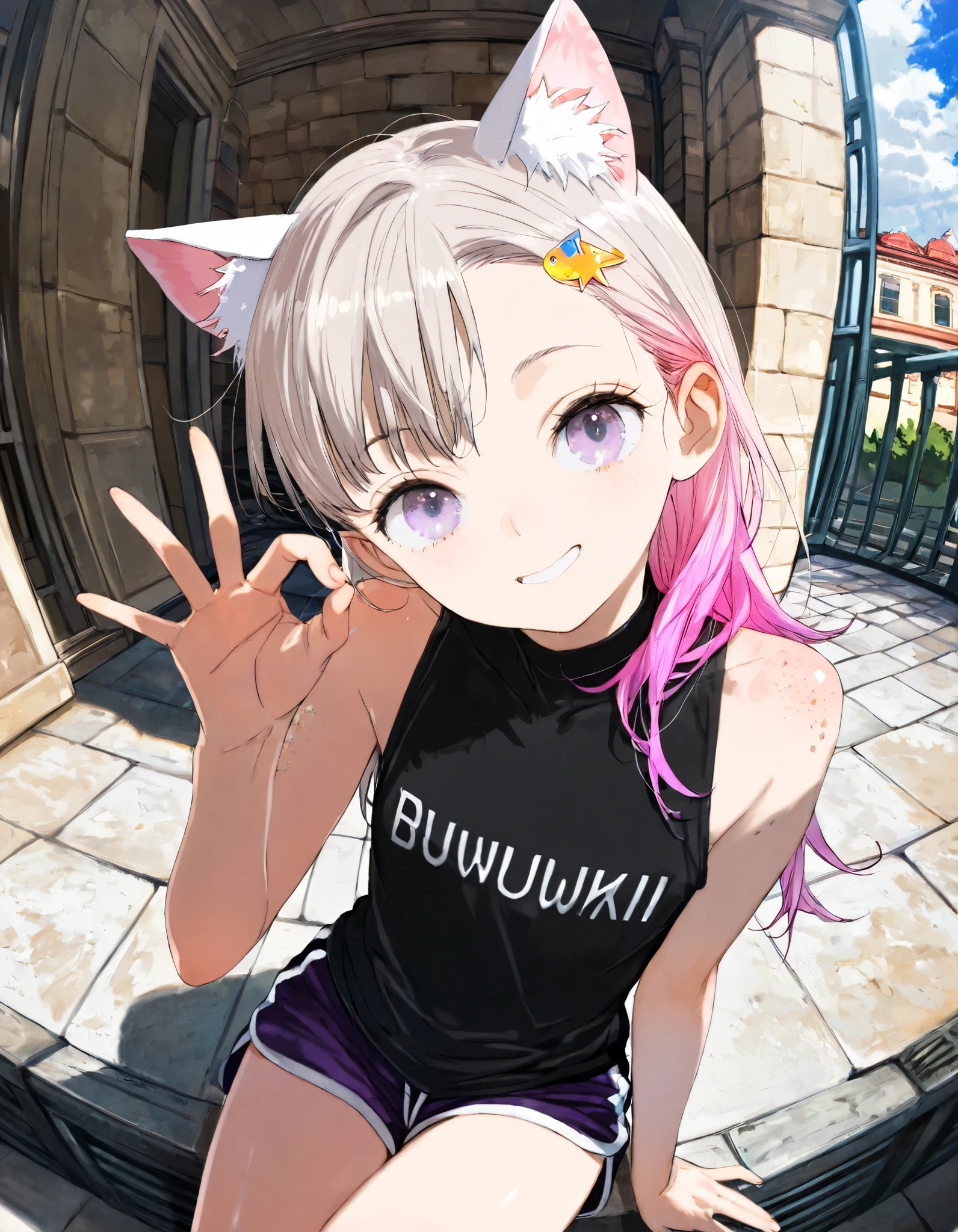 ((toi8 style)), ((Masterpiece)), ((best quality)), (8K), (fisheye), (detailed background:1.2), (super detail:1.2),(High Definition:1.3), (Professional Photography:1.2), (very aesthetic:1.2), (absurdres:1.2), (sharp focus), ((1girl)), e young Girl, (Textured skin), Big eyes, (pale purple eyes, gradient eyes, looking at side), platinum-gold hair, (Asymmetrical bangs), gradient hair, (pink color Hair Tip), (beautiful mullet), (small breast, Healthy slim body), ((naughty smile)), open mouth, (cute cheeks), glossy lips, pouty lips, (lower eyelashes), (tilt head), (put on cat ears), Beautiful collarbones, BREAK, ((Black shirt, sleeveless shirt, embroidery shirt)), cute dolphin shorts, (ok_sign), (loose sitting on the Dubrovnik townscape), Dubrovnik townscape,