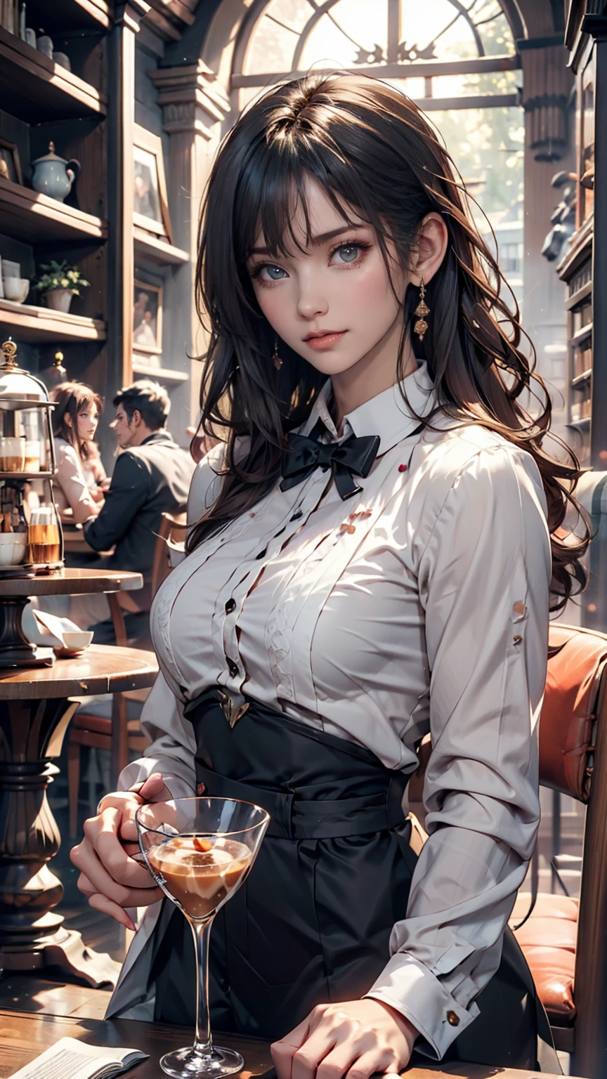 (in perspective) a beautiful sexy brunette woman, perfect 23 year old secretary, straight hair and ponytail, white, oily, silky skin (moist) fleshy lips, (photorealisitic:photorealisitic, Masterpiece 8k), big breasts wearing a tight white shirt (emphasis on breasts), sitting at a table in a restaurant holding a cup of coffee (hyperrealisitic: realisitic, environment with intricate details),  with a sensual line on her face: (texture and environment professional photography pure perfect lighting).
