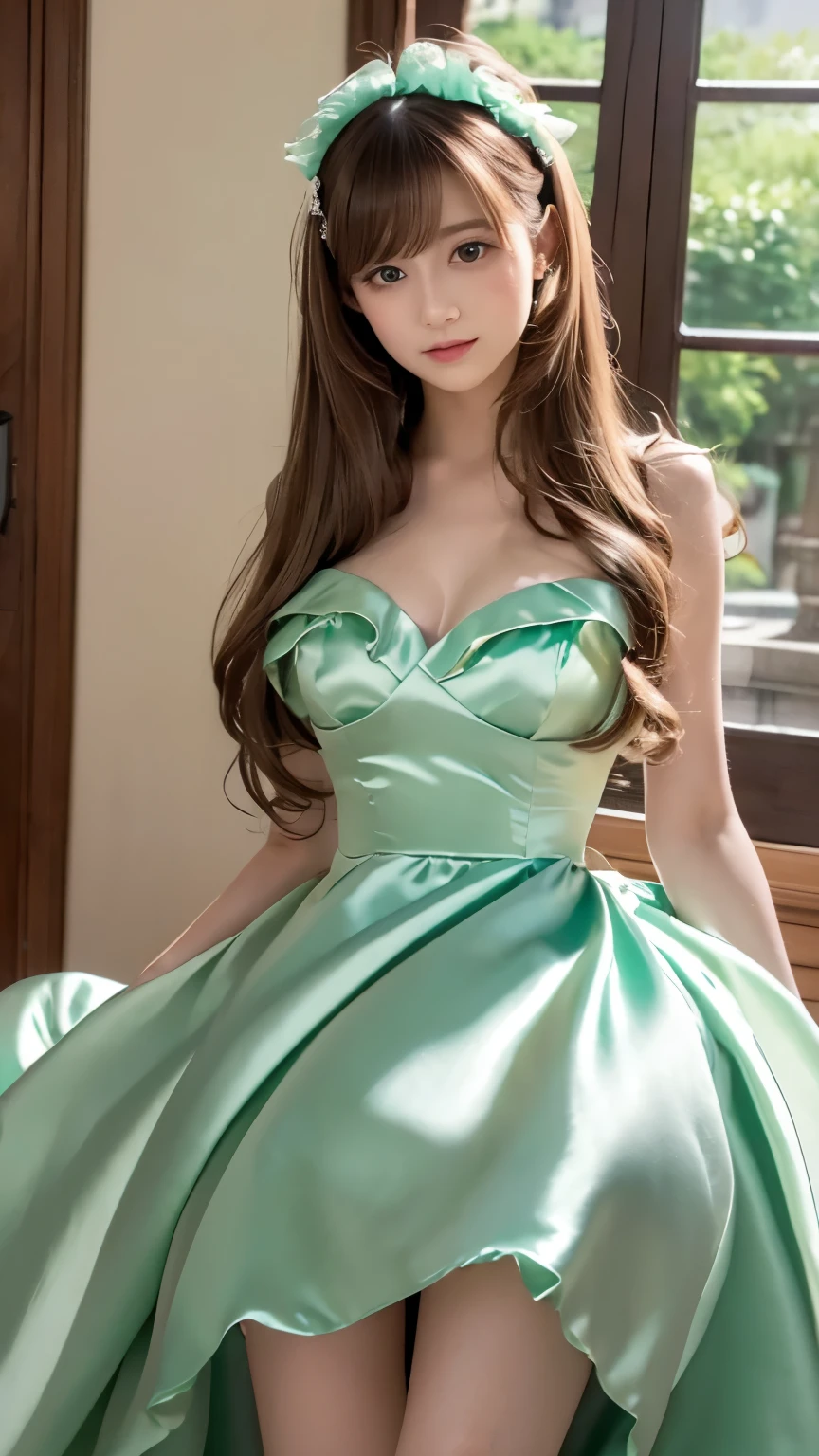 A close up of a woman in a green dress posing for a picture - SeaArt AI