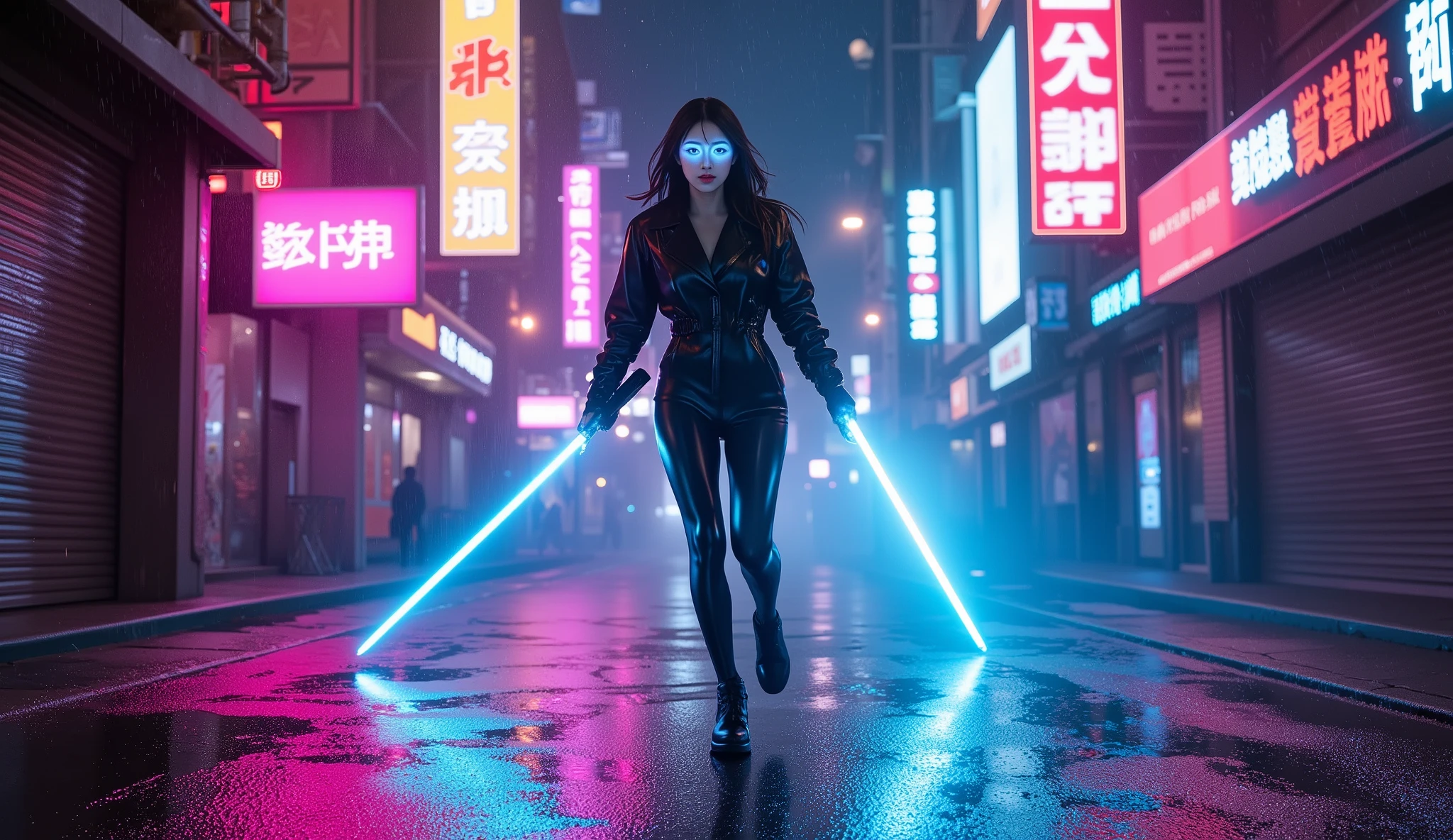 /imagine prompt: A futuristic Cyberpunk female warrior dashing through a dark neon alley, dodging laser blasts from pursuing drones. Her eyes glow with augmented reality overlays, and she wields a plasma katana emitting a bright blue light. Rain pours down, reflecting vibrant pink and cyan neon lights on the metallic streets. The environment is a dystopian cyber city with glitching billboards, flickering street signs, and digital noise in the air. High-speed action, cinematic motion blur, ultra-realistic cyberpunk atmosphere --ar 16:9 --v 6.0