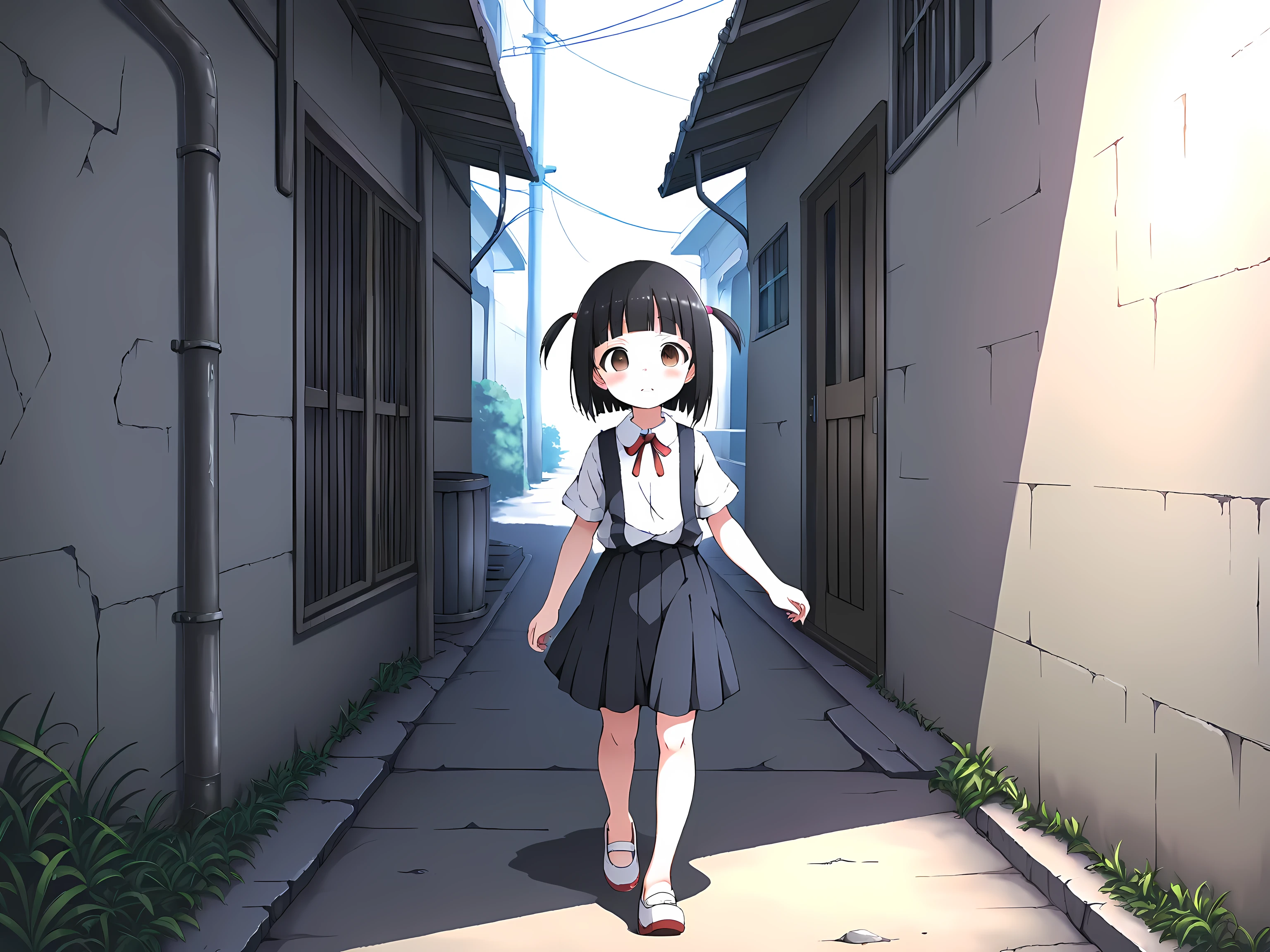 {{{{NSFW}}}},{{{{best quality}}}},{{{{ultra-detailed}}}},{{{{high resolution}}}},{{{{extremely detailed CG}}}},{{{{official art}}}},{{{{super detailed skin}}}},{{{{detailed}}}},{{{{production art}}}},{{{{highres}}}},{{{{A deserted back alley}}}},1 girl,loli,{{walking}},The girl is an elementary school student in a uniform,School uniform,white blouse,bad ribon,round collar,navy suspender folds skirt,16 folds,The girl is in the second grade of elementary school,{{110 cm tall}},Black hair medium cut two side up,blunt bangs,loli face,innocent face,brown eyes,{{{tareme}}},{{narrow eyes}},white and red school shoes,α jet run,not wearing socks,absent-minded personality,ignorant and careless personality,Walking towards the shadows of the back alley