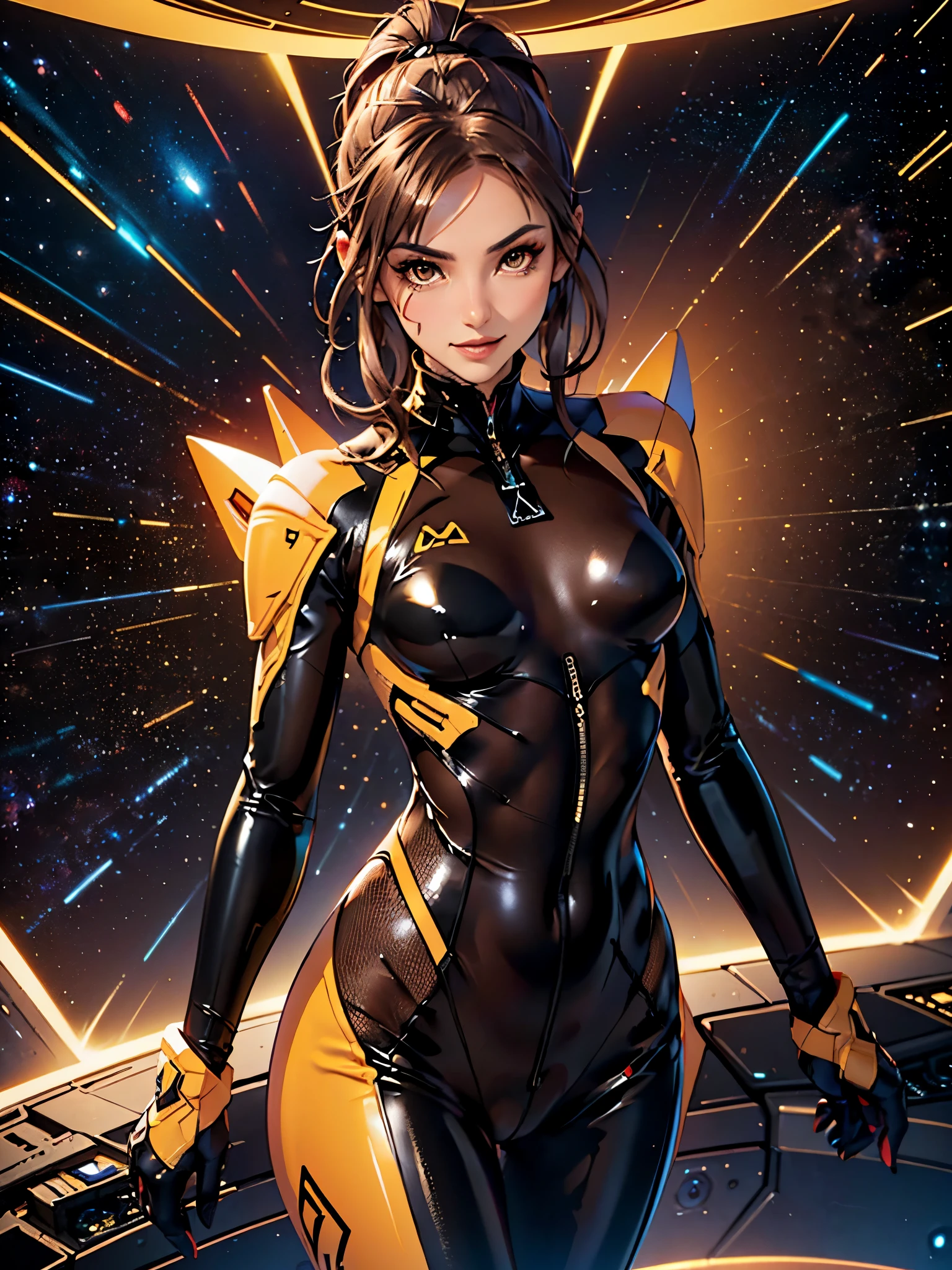 1girl, slender body, slim, extremely long ponytail, (((dark brown hair, brown eyes, tan skin))), brown skin, smirk, tight clothes, ((ochre and black latex bodysuit)), (black armor), (((hexagonal mesh))), ((extremely glossy)), cyberwear, space background, starship interior, space cockpit