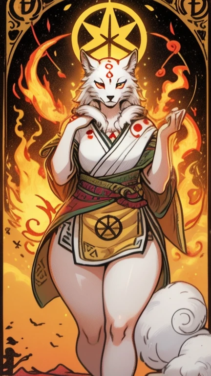 by fluff-kevlar, by Zackary911, by Kenket, by Kilinah, by fluff-kevlar, (masterpiece), (best quality), (anthro furry:1.3, snout:1.2, anthro:1.3, furry:1.2, solo female:1.2), (extremely detailed:1.3), (extremely detailed eyes), (okami amaterasu), (big breasts), (big thighs), (curved body), (curved thighs), (white fur), magic, fire emitting from body,