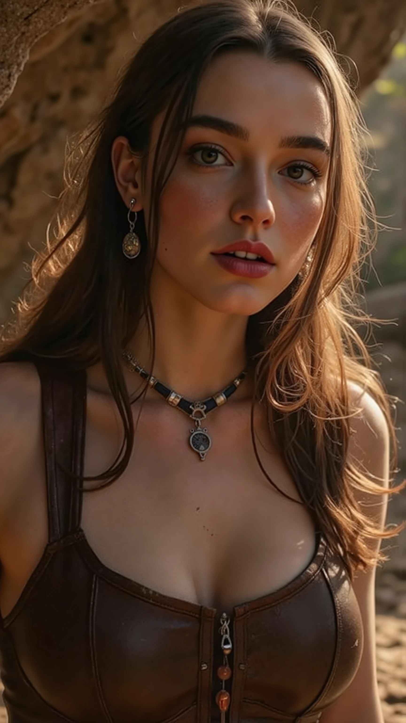 🖼️ quality & silent:
( 8K Ultra HD, photorealistic, masterful lighting , cinematic lighting, petals fall gently , rough and realistic look, Authentic skin texture , natural imperfections , dirtye Haut & Clothing).
🌿 Scene & background:
wide, untamed nature — dense jungles , rocky steppes, wild rivers, campfire at dusk.
Weather & atmosphere: dusty air, morning mist, sun heat on cracked ground.
dynamic actions:
gathering - crouched, looking at berries or roots .
when hunting — spear in hand , tense muscles, hunting instinct in the eyes.
In front of a cave — protective , with a torch or improvised Weapons .
At the campfire — glowing flames reflect on their sweaty, dusty skin.
when catching a man – playful-dominant, triumphant expression.
👩 Figure & Styling:
athletic, wild woman with untamed charisma .
long, tousled hair, marked by wind and dirt.
minimalistic , primitive Clothing – Leder, animal skins, woven plant fibers, tight, but practical.
dirty skin & Clothing – Spuren von Erde, scratches, sweat.
tribal War painting — lines drawn with natural colors & Muster.
📷 Camera & Pose:
total body shot from various angles , slightly focused from below for a powerful appearance .
Unterschiedliche Pose & Expressions :
determined & — ready for fighting or hunting .
seductive & wild — playful smile , dominant look.
Pensive & powerful — looking into the distance , illuminated by fire or moonlight .
🔥 A sensual , wild depiction of prehistoric woman — strong , dirty, daring and irresistible. 🔥