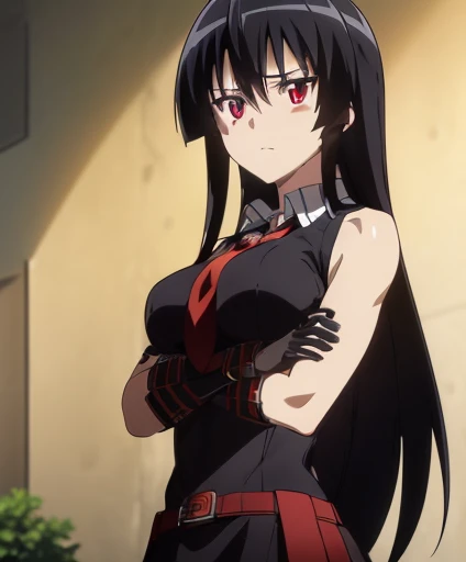 "A detailed and striking illustration of a female warrior with long black hair, dressed in a sleek and slightly revealing outfit with dark and red accents. She stands in a dynamic, heroic pose with one leg slightly forward and her sword held confidently in her hand, the blade pointing downward. The camera angle is a low-angle shot, capturing her from below, making her appear powerful and dominant. The background features a moody, twilight sky with clouds tinged in deep red, adding a dramatic atmosphere. The image is designed to emphasize her strength and allure, with cinematic composition, trending on ArtStation."