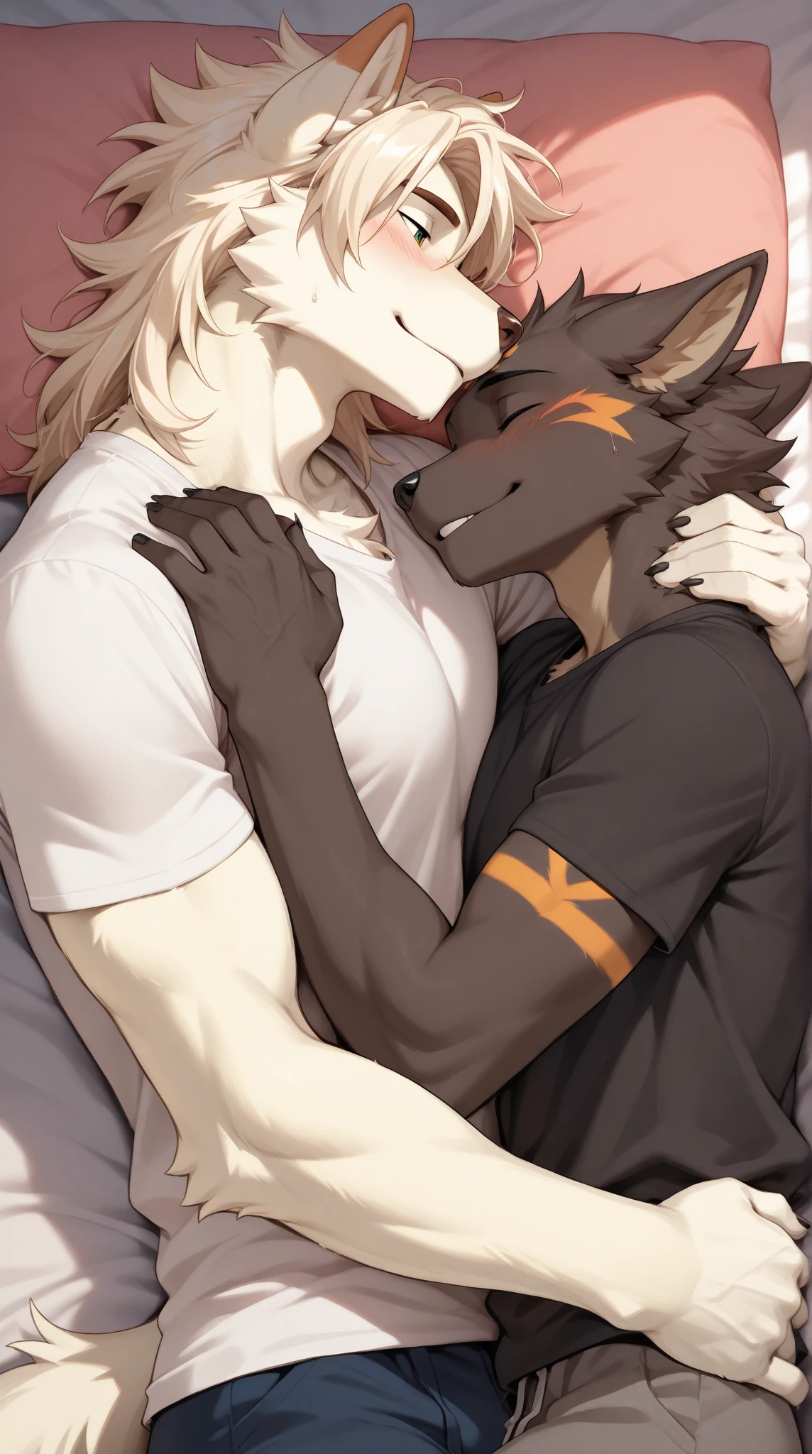 Yellow fox boy and yellow fox girl,Couple,I'm dating, 4k quality,High resolution, Holding hands,kiss,Drooling, Wearing a red collar,Feelings of love,Cute Face, Crying in bed