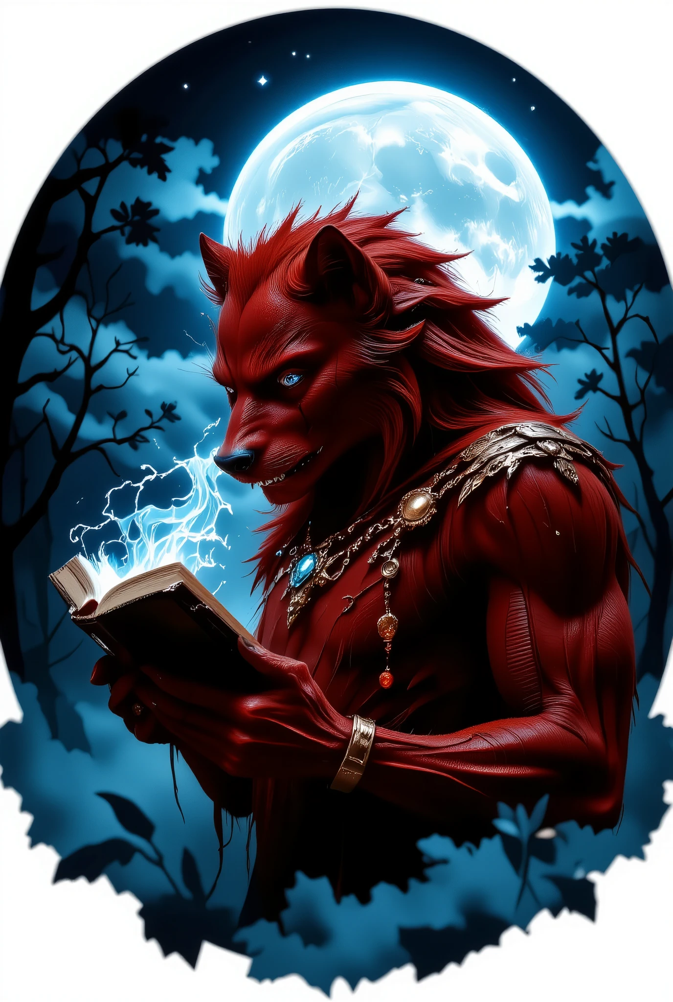 A profile of a red werewolf reading a book on a moonlit night, looking at us with beckoning blue moonlit eyes. logo