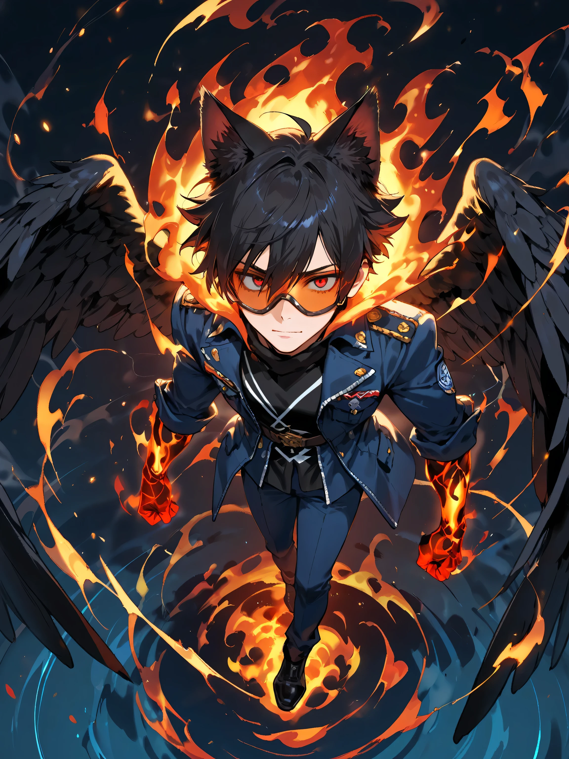 ((1 male:1.2))、 HDR animation , Cat ears、 goggles, (Full body shot from 45度斜め上から:1.1)、( dynamic moment of deadly moves that boldly use the whole body :1.2)、 Best Masterpiece Movie Animation, A cute portrait of an adult, The contrast and transparency of the shadows are beautiful . ( A masterpiece with clear depiction and ultra-high resolution :1.1), for a wonderful smile and graceful expression、 Subtle and playful shadows are projected , 100 points from any angle、Cold Stare 、Narrow eyes、 Super Cool Posed Portraits、blue military uniform and black fallen angel wings、(The duality of shadows and surfaces:1.3)、(Handsome man、cool guy 、A man with a well-groomed face that looks like a woman:1.1)、Double eyelids、He has a kind personality, but he's scared when he gets angry or serious、Eyes that glow like neon、(Extend one arm directly above and 、 release a magical aura into the sky、The magic of red and black flames scatters:1.3)