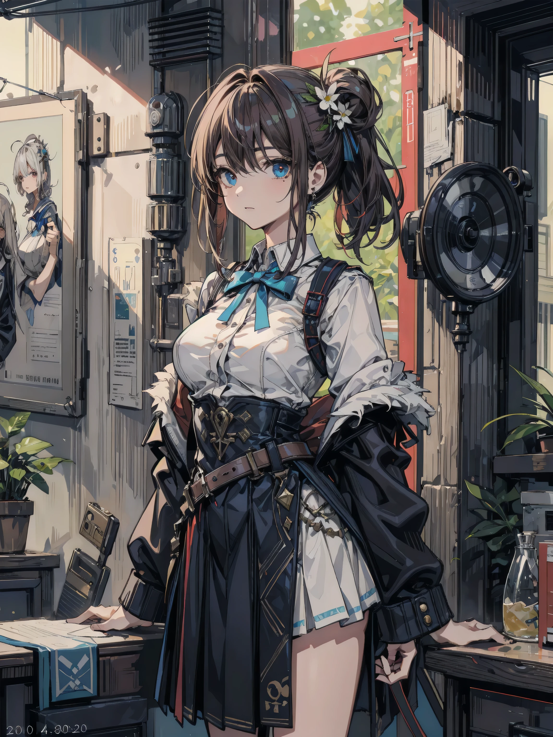 incredibly absurdres, RAW photo, extremely delicate and beautiful, masterpiece, Highest Quality, ultra high resolution, 32k, hyper realistic, ultra-detailed description, perfect anatomy, correct body, very Slim body, narrow waist, very small head, very small face, delicate facial features, very detailed eyes and face, Realistic beautiful face, Realistic beautiful eyes, mole under eyes, cowboy shot, earring, huge breasts, narrow waist, half updo, hair ornament, medium hair, black hair, solo, school uniform, indoor,