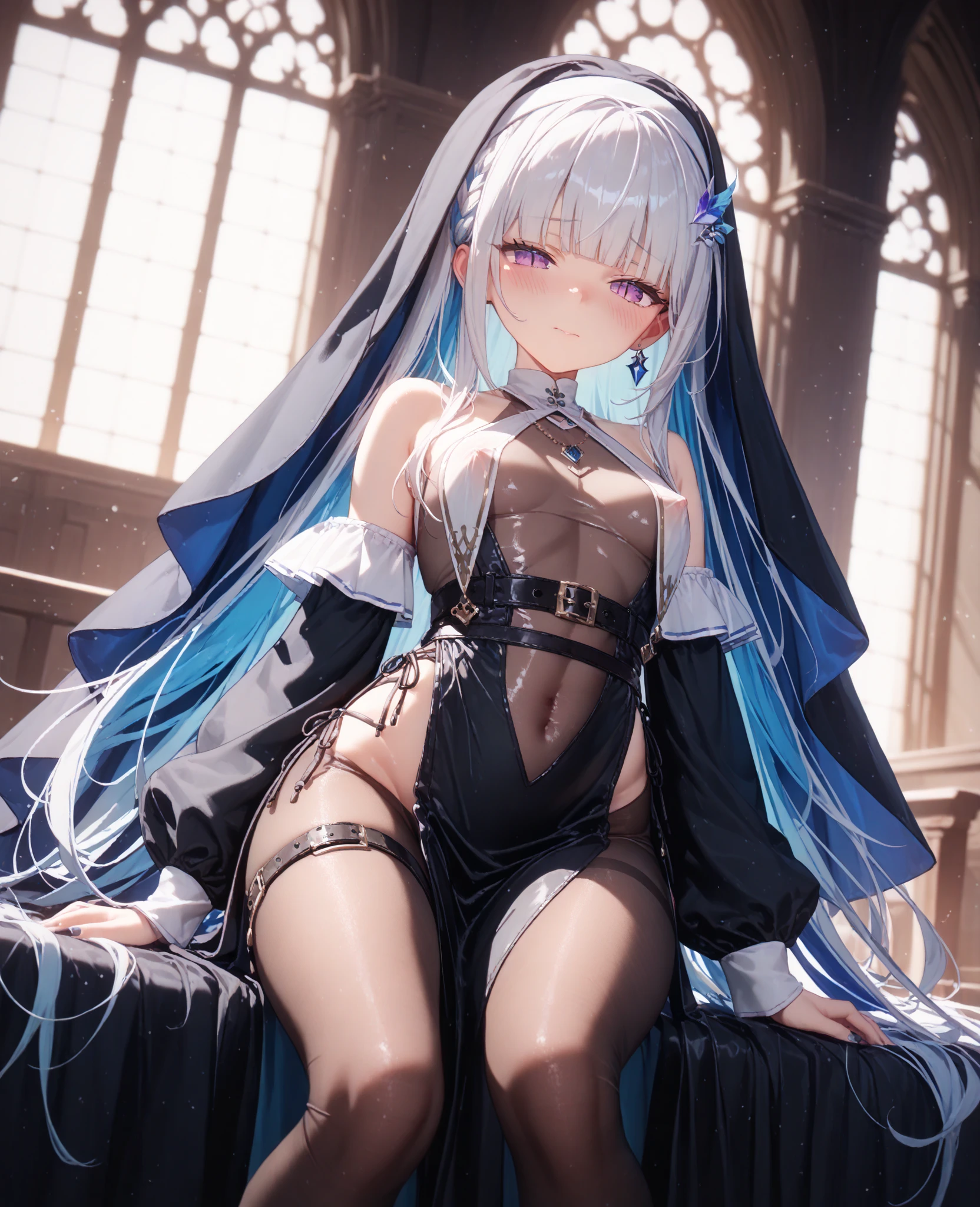 masterpiece, high quality, high detail, 4k, rtx, high resolution,1girl, blue_streaked_hair,hair_over_one_eye, blue_eyes,very long hair,braid,white hair_ornament,white skin,black nail_polish, solo,long sleeves,(white strapless bandeau tubetop:1.3),microskirt,thighhighs,thighs,: o,cute face,(pov:1.2),(facing viewer:1.2),(Well-shaped and firm huge breasts, developed huge breasts:1.3),(bursting breasts:1.2),(underboob:1.2),mole on breast, shortstack,(on side,lying,arm support, yokozuwari:1.2),hotel,room