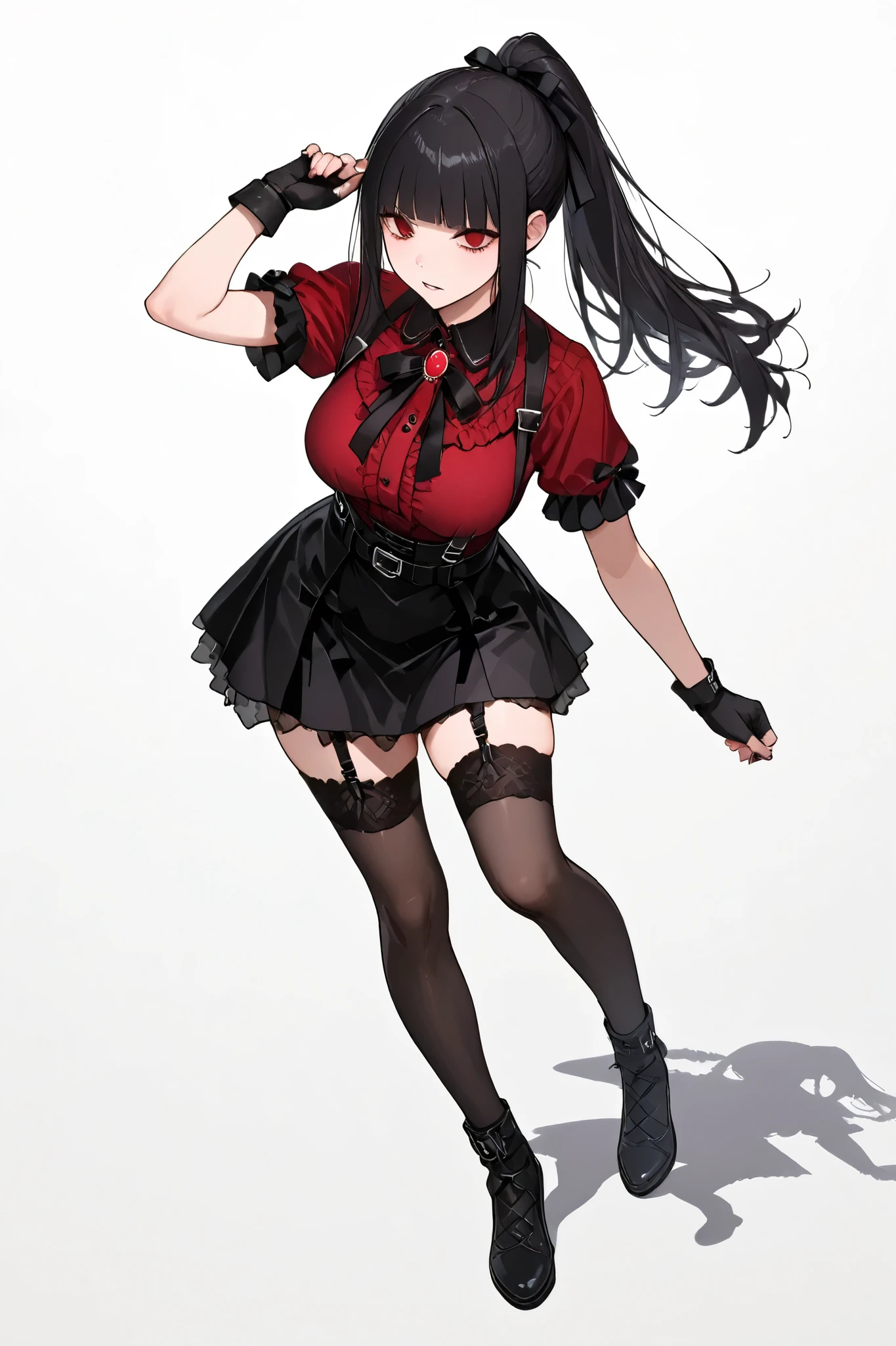 Gothic Woman Warrior、full body,Tall women,. Adult female,. Medium breast,. Slender Woman 、Tall and mature woman. beautiful thighs 、fight、 action、red short sleeve blouse 、 Black suspender skirt, black hair ponytail、red eyes、Sharp Eyes、A ribbon with a red jewel on the chest、blunt bangs、 red scrunchies , garter belt、Black fingerless gloves. white background、 Bbo~、