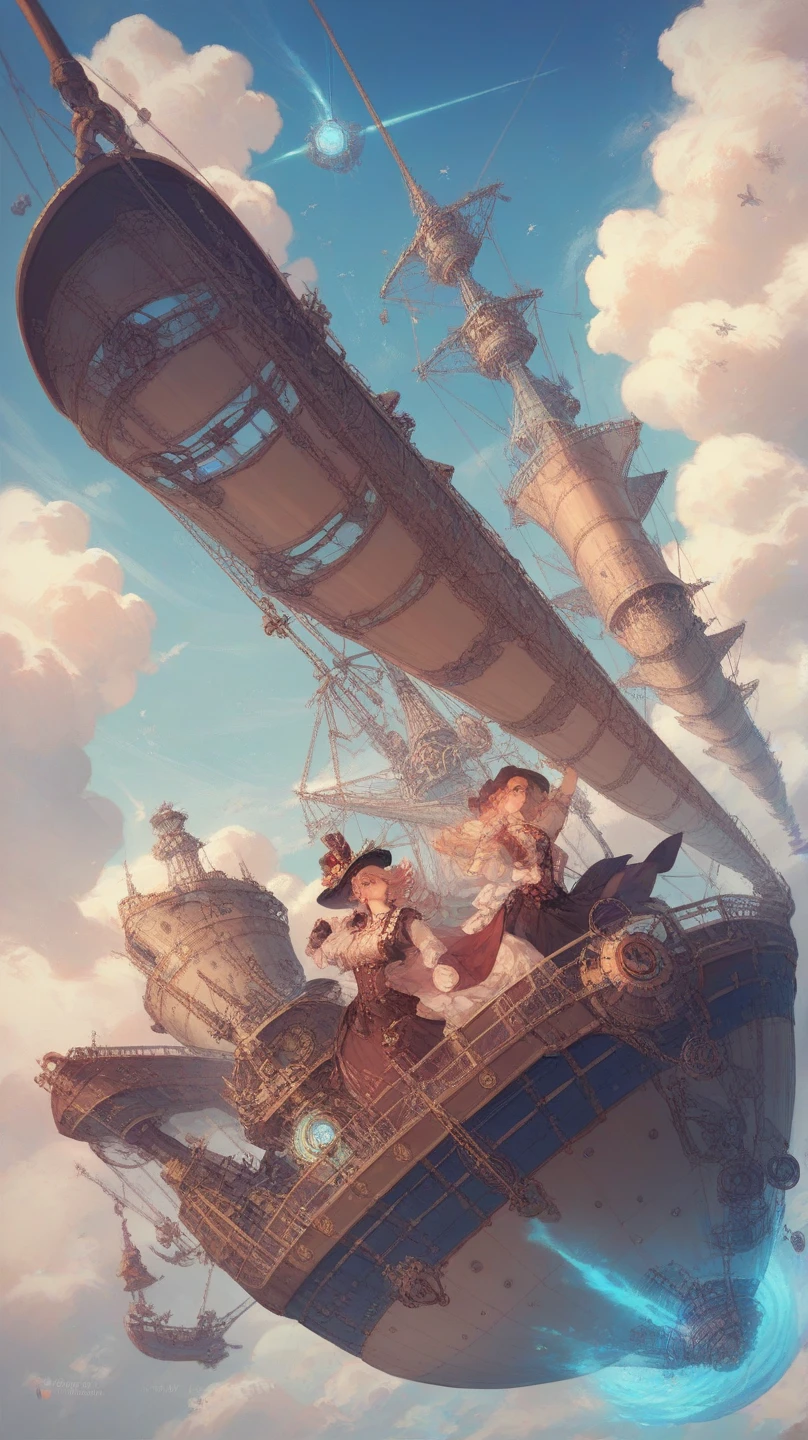 a lovely woman in an elegant dress with exposed breasts, a pug-themed steam-powered servant, piloting a hot air steamship draped with flowers and hearts, steampunk style, (best quality,4k,8k,highres,masterpiece:1.2),ultra-detailed,(realistic,photorealistic,photo-realistic:1.37),intricate details,cinematic lighting,warm color tones,romantic,whimsical,elegant,steampunk machinery,steam power,steam clouds,ornate airship,floral accents,heart-shaped decorations,beautiful detailed eyes,beautiful detailed lips,extremely detailed eyes and face,longeyelashes