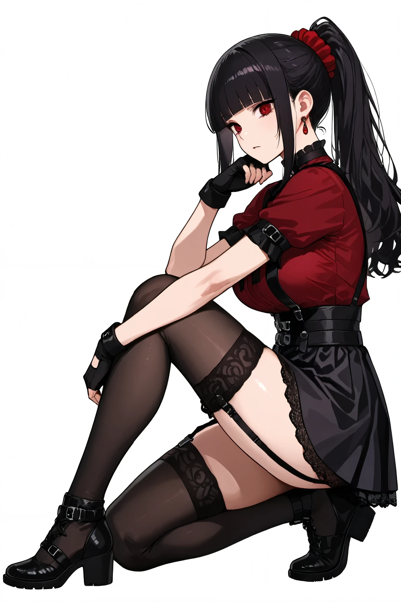 1girl ,Gothic Woman Warrior、from side,full body,Tall women,. Adult female,. Medium breast,. Slender Woman 、Tall and mature woman. beautiful thighs 、fight、 action、Stand on one knee and crouch、red short sleeve blouse 、 Black suspender skirt, black hair ponytail、red eyes、Sharp Eyes、A ribbon with a red jewel on the chest、blunt bangs、 red scrunchies , garter belt、Black fingerless gloves. white background、 Bbo~、
