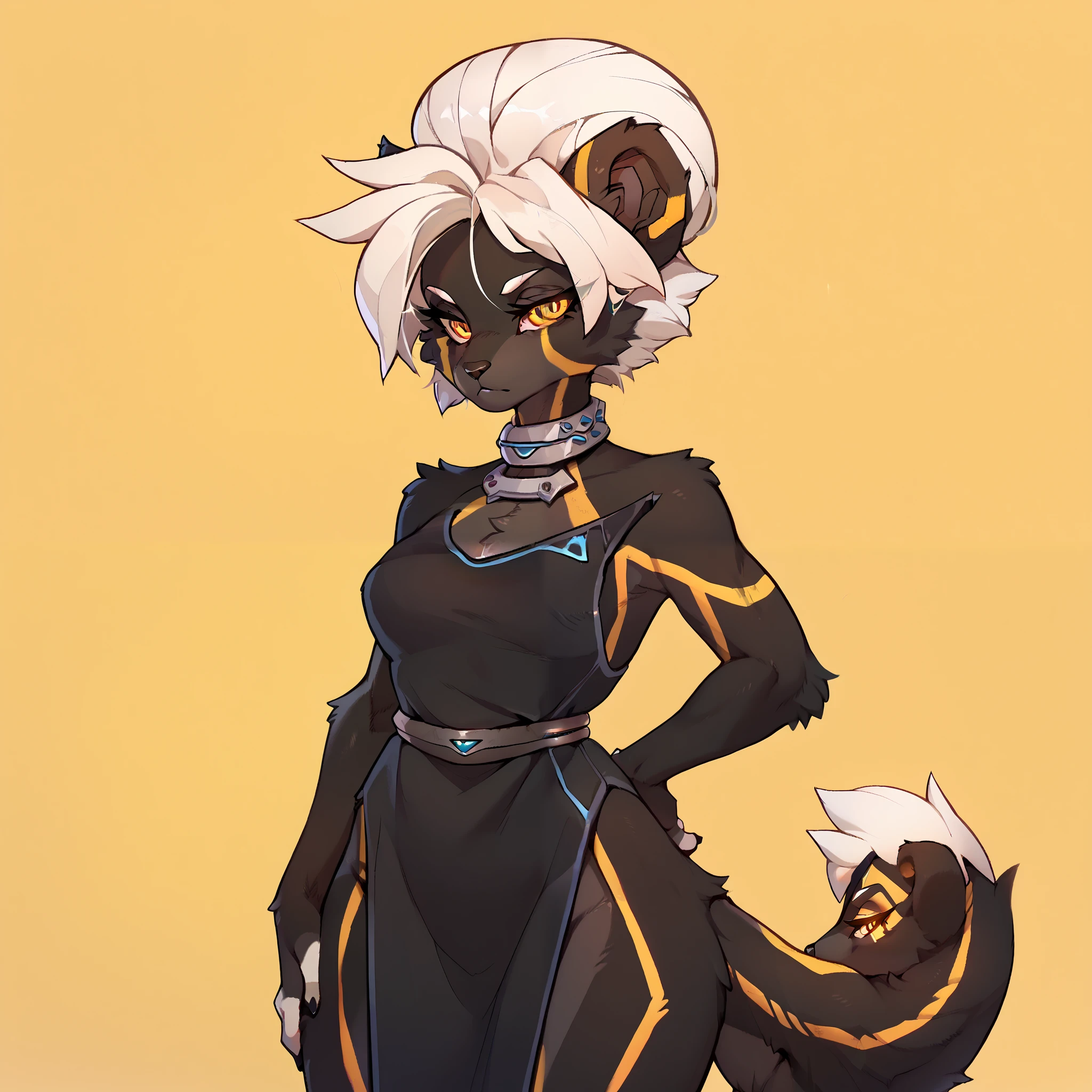 Masterpiece, absurd res, BREAK
fkwarning, white hair, orange eyes, hair bun, black fur, furry, 1girl, solo, tail, neck ring, black dress, side slit, looking at viewer, simple yellow background, standing, naked, seductive