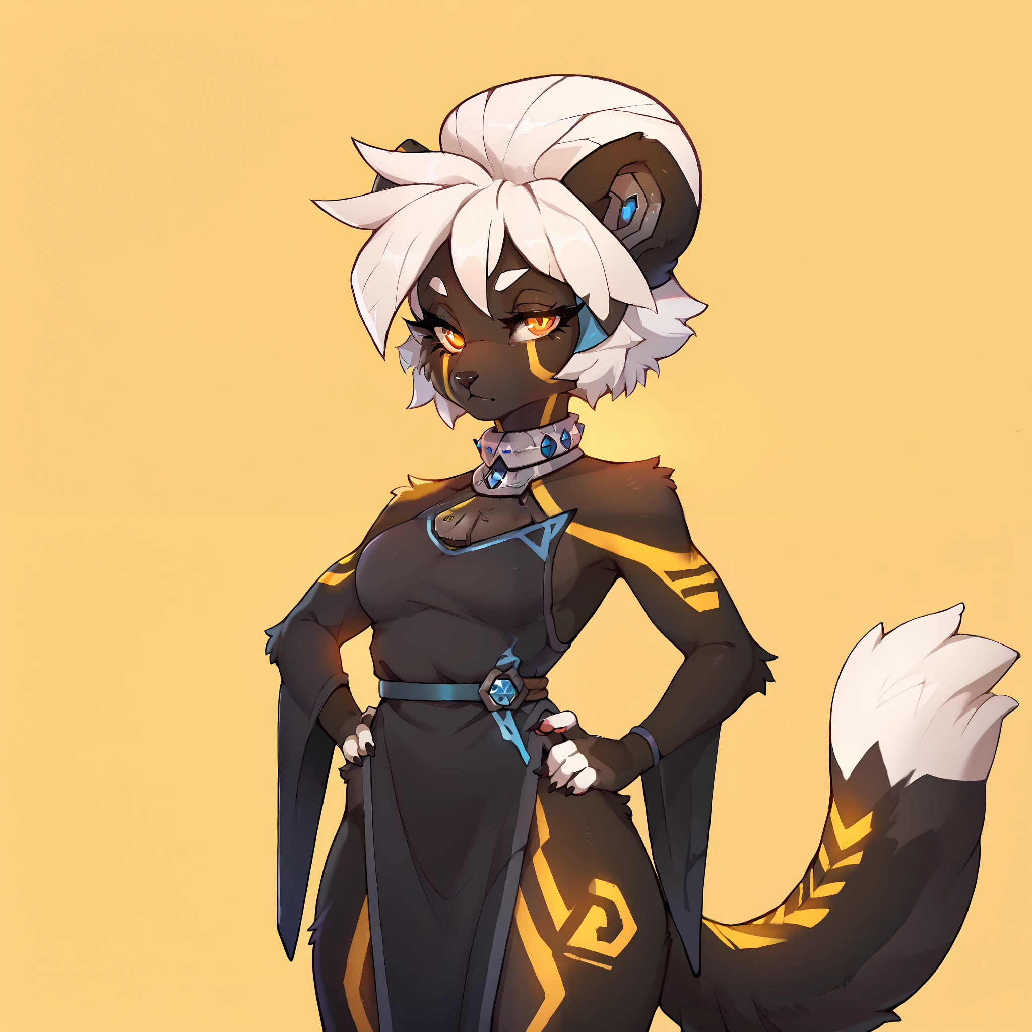 Masterpiece, absurd res, BREAK
fkwarning, white hair, orange eyes, hair bun, black fur, furry, 1girl, solo, animal ears, tail, yellow markings on tail, yellow body markings, neck ring, black dress, side slit, looking at viewer, simple yellow background, standing, naked, seductive,