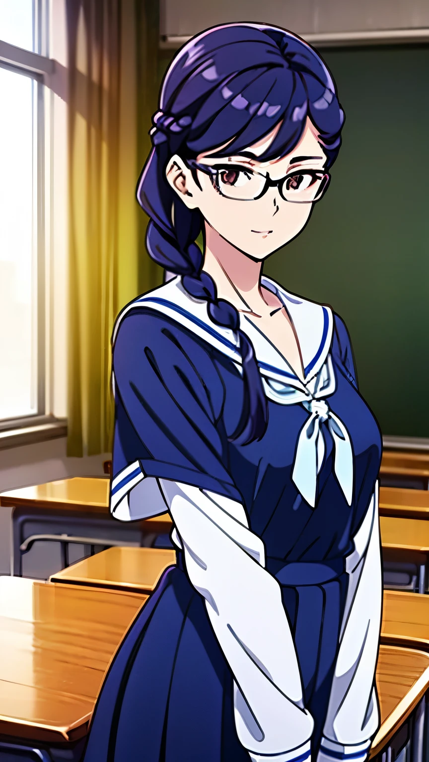 (masterpiece, best quality, high resolution, 8k:1.2), (anime coloring), unity 8k wallpaper, (beautiful detailed eyes:1.2), highly detailed face, perfect lighting, highly detailed CG, perfect hands, perfect anatomy, saten ruiko, 1 girl, young woman, bearish sentiment, (medium hair, black hair:1.1), (french braid:1.3), (black eyes, false eyelashes, glasses), (slim body), (medium breasts), (high girl, white sailor suit, white long sleeve, navy blue ribbon, black skirt, classroom, half smile), looking at the viewer, (cowboy shot:1.2), dutch angle