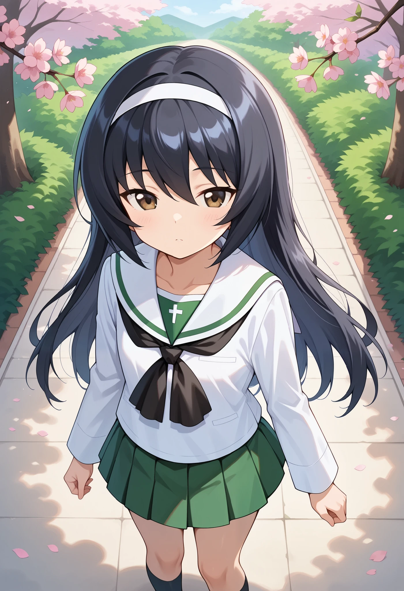 high resolution, best quality, Super Quality 、 shot from the front 、Reizei Mako, one girl、solo, standing, outdoor, cherry blossom , I slept half way , Half-close your eyes, long hair, black hair, white hair band, brown eyes, Oarai school uniform, white sailor collar , black neckerchief , white shirt, Long Sleeve, green skirt, black socks, loafers