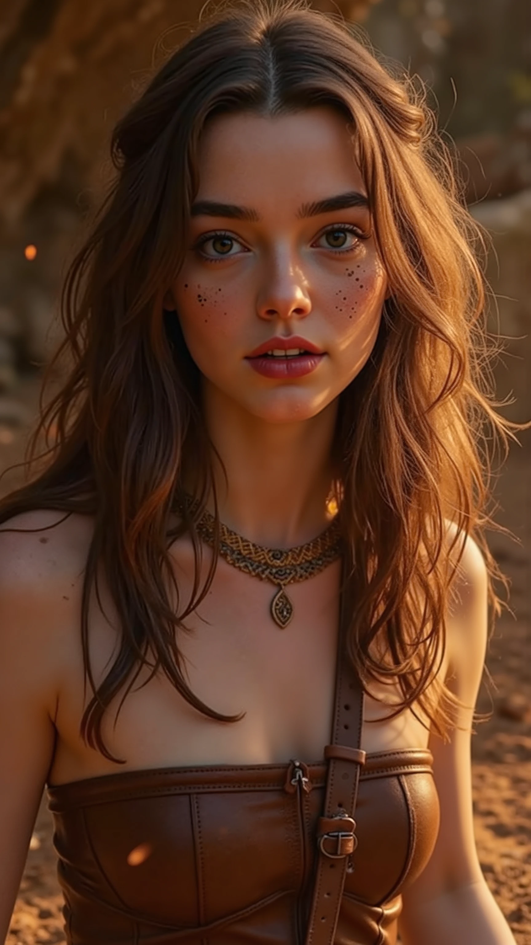 🖼️ quality & silent:

full body photo, ( 8K Ultra HD,  photorealistic,  masterful lighting ,  cinematic lighting,  petals fall gently , rough and realistic look,  Authentic skin texture , natural imperfections , dirtye Haut & Clothing).
🌿 Scene &  background:

    wide,  untamed nature — dense jungles , rocky steppes, wild rivers, campfire at dusk.
    Weather &  atmosphere: dusty air, morning mist, sun heat on cracked ground.
    dynamic actions:
        gathering - crouched,  looking at berries or roots .
         when hunting — spear in hand , tense muscles, hunting instinct in the eyes.
         In front of a cave — protective ,  with a torch or improvised Weapons .
         At the campfire — glowing flames reflect on their sweaty, dusty skin.
        when catching a man – playful-dominant, triumphant expression.

👩 Figure & Styling:

    athletic,  wild woman with untamed charisma .
    long,  tousled hair, marked by wind and dirt.
     minimalistic , primitive Clothing – Leder, animal skins, woven plant fibers,  tight, but practical.
    dirty skin & Clothing – Spuren von Erde, scratches, sweat.
     tribal War painting — lines drawn with natural colors  & Muster.

📷 Camera & Pose:

     total body shot from various angles ,  slightly focused from below for a powerful appearance .
    Unterschiedliche Pose & Expressions :
        determined &  — ready for fighting or hunting .
         seductive &  wild — playful smile ,  dominant look.
        Pensive &  powerful — looking into the distance ,  illuminated by fire or moonlight .

🔥 A sensual ,  wild depiction of prehistoric woman — strong , dirty, daring and irresistible. 🔥