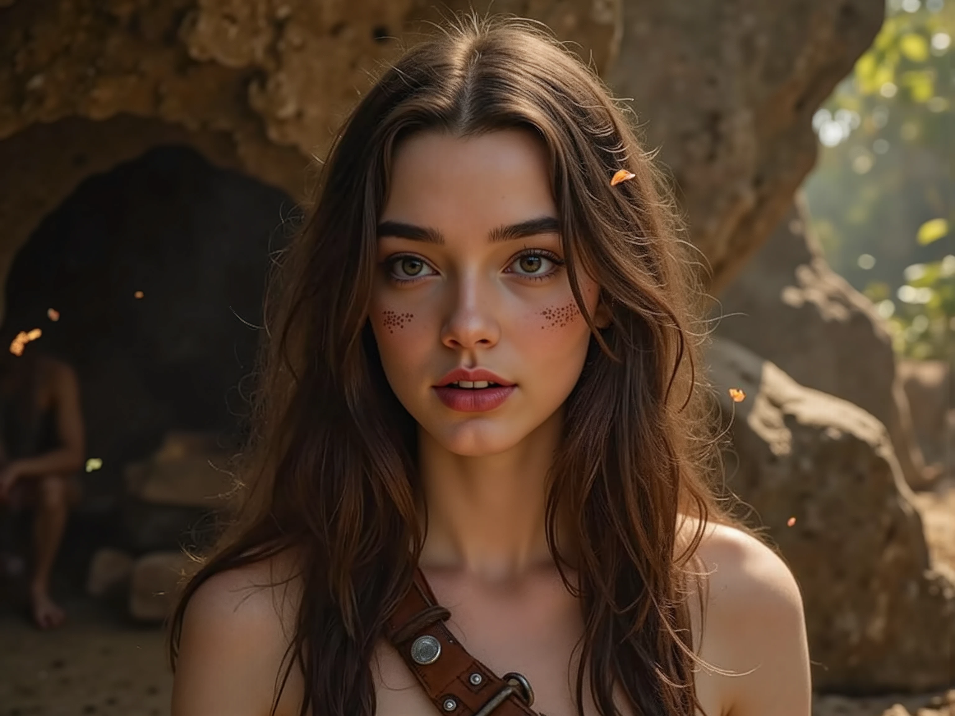 🖼️ quality & silent:
full body photo, ( 8K Ultra HD, photorealistic, masterful lighting , cinematic lighting, petals fall gently , rough and realistic look, Authentic skin texture , natural imperfections , dirtye Haut & Clothing).
🌿 Scene & background:
wide, untamed nature — dense jungles , rocky steppes, wild rivers, campfire at dusk.
Weather & atmosphere: dusty air, morning mist, sun heat on cracked ground.
dynamic actions:
gathering - crouched, looking at berries or roots .
when hunting — spear in hand , tense muscles, hunting instinct in the eyes.
In front of a cave — protective , with a torch or improvised Weapons .
At the campfire — glowing flames reflect on their sweaty, dusty skin.
when catching a man – playful-dominant, triumphant expression.
👩 Figure & Styling:
athletic, wild woman with untamed charisma .
long, tousled hair, marked by wind and dirt.
minimalistic , primitive Clothing – Leder, animal skins, woven plant fibers, tight, but practical.
dirty skin & Clothing – Spuren von Erde, scratches, sweat.
tribal War painting — lines drawn with natural colors & Muster.
📷 Camera & Pose:
total body shot from various angles , slightly focused from below for a powerful appearance .
Unterschiedliche Pose & Expressions :
determined & — ready for fighting or hunting .
seductive & wild — playful smile , dominant look.
Pensive & powerful — looking into the distance , illuminated by fire or moonlight .
🔥 A sensual , wild depiction of prehistoric woman — strong , dirty, daring and irresistible. 🔥