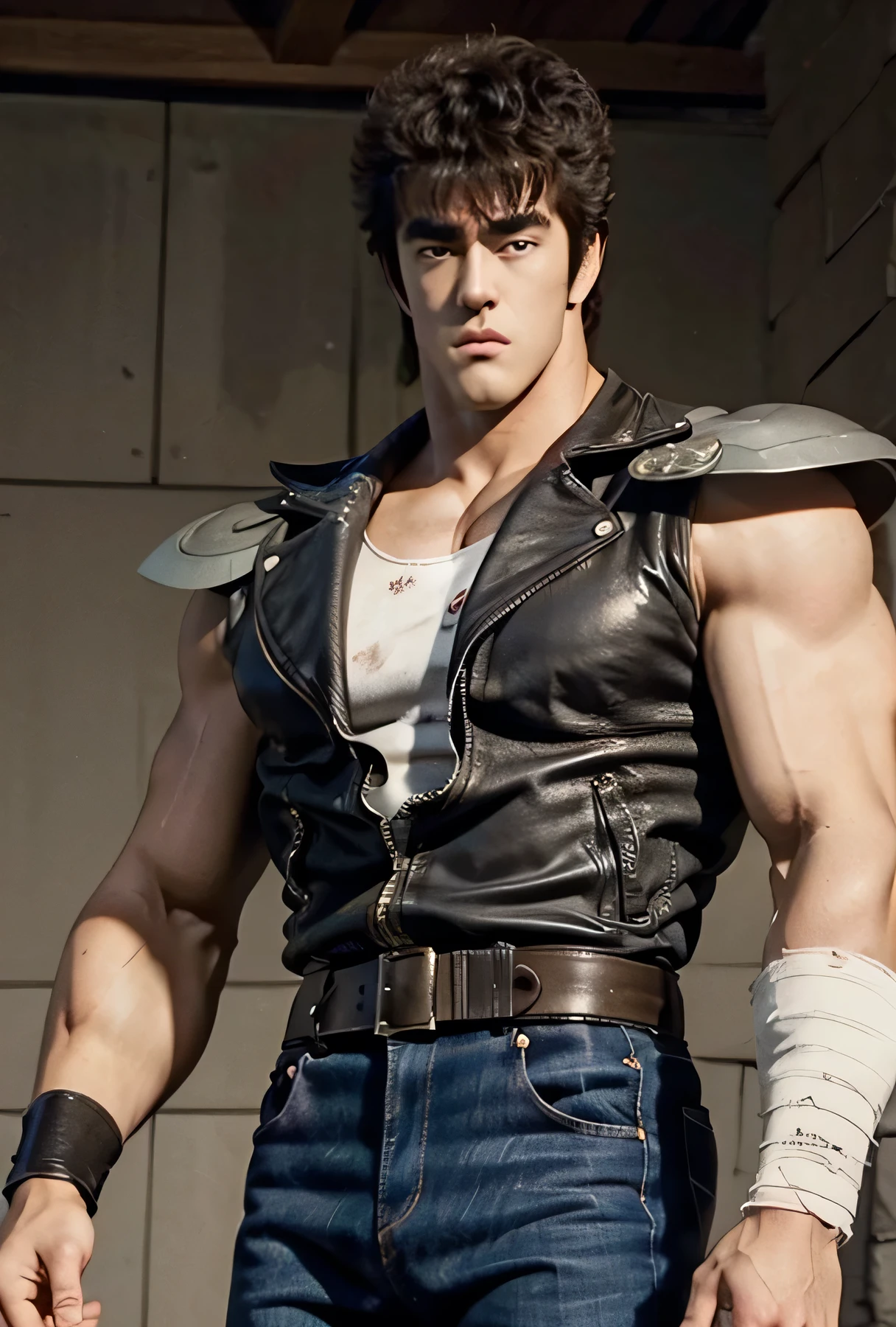 Kenshiro's Hairstyle , short disheveled hair, Brown Hair, thick eyebrows, 、