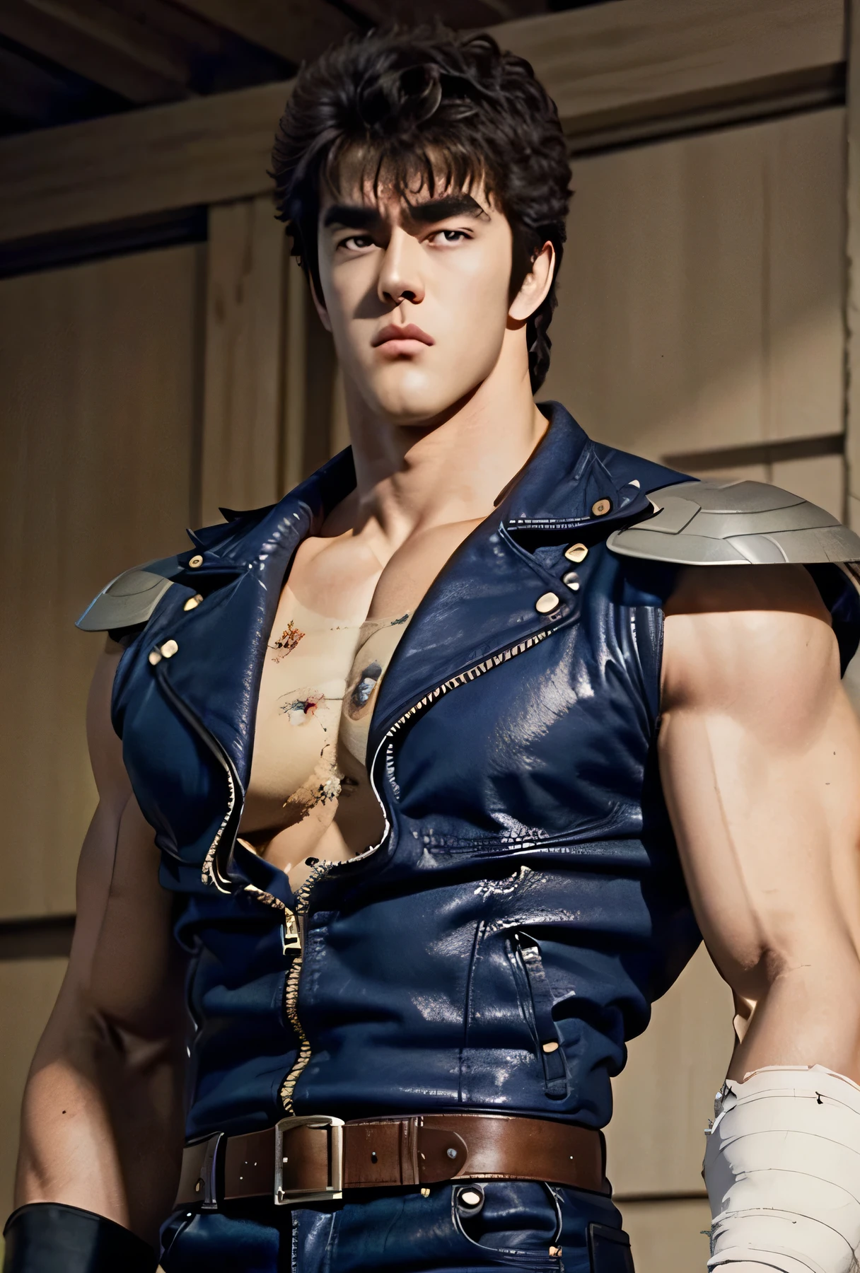   Kenshiro's Hairstyle ,  short disheveled hair, Brown Hair,   thick eyebrows, 、