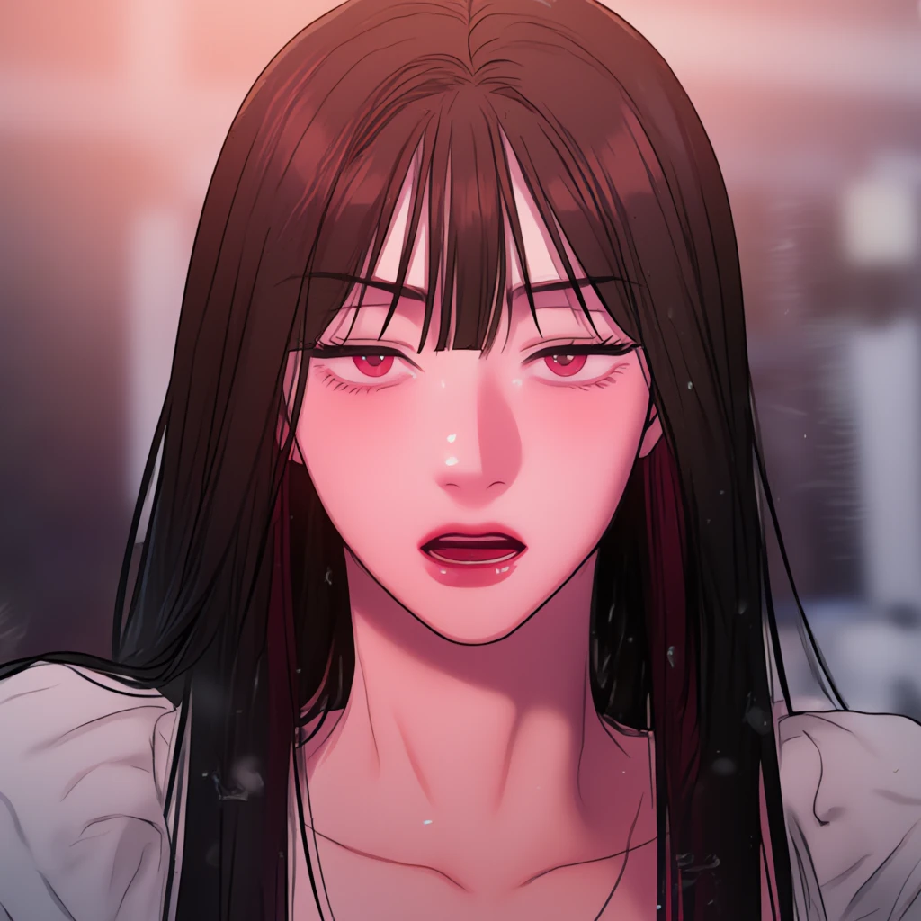 woman with very long straight black hair with pink tips sharp looks, a tomboy. Elegant. Looking at viewer with her beautiful Japanese face, pink eyes, red lips, white shirt, angry