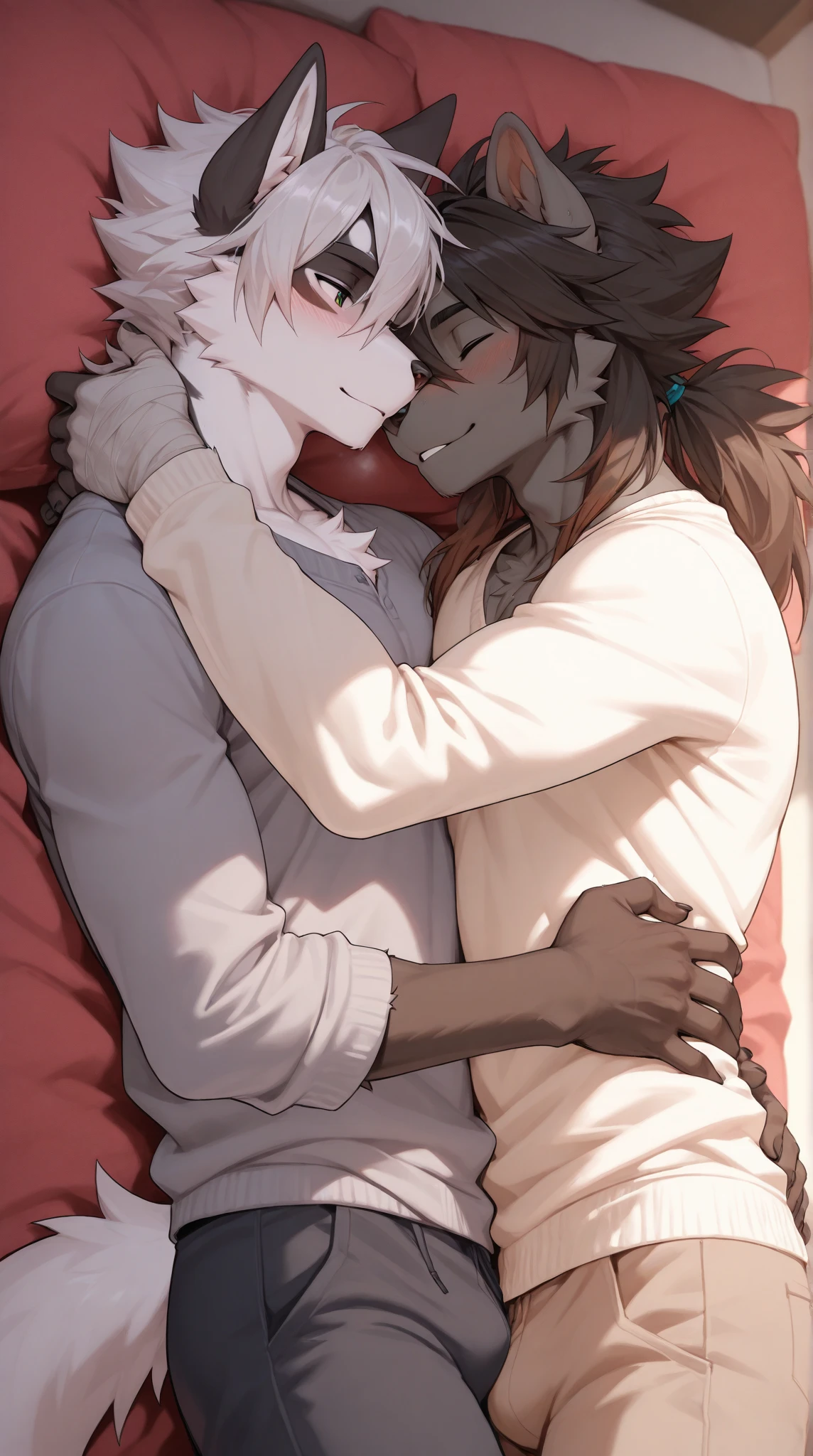 (masterpiece, best quality), duo, (male: anthro wolf, black body, white belly, hunk, black boxers), (male: anthro wolf, brown body, slim, jeans, eyes closed); lying on the bed, cuddling, back view, realistic, realistic hands, 8k hd, (wide dynamic range, hdr, deep shadows), detailed fur, white sheets