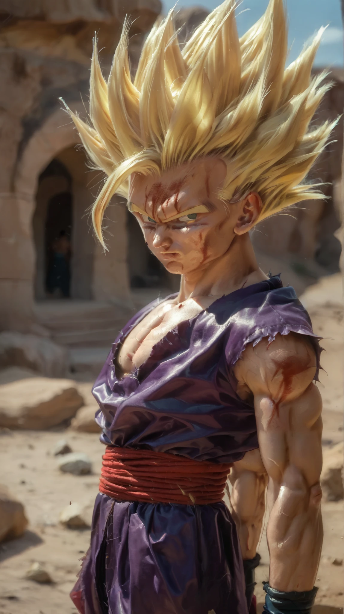 score_9, score_8_up, score_7_up,source_anime, rating_safe, ((Solo:1.3)),portrait,( a boy in desert:1.0),round iris,(Style:1.2),(Ssj2,Purpleclothes:1.0) looking camera,graass, (slim:1.5)neolight