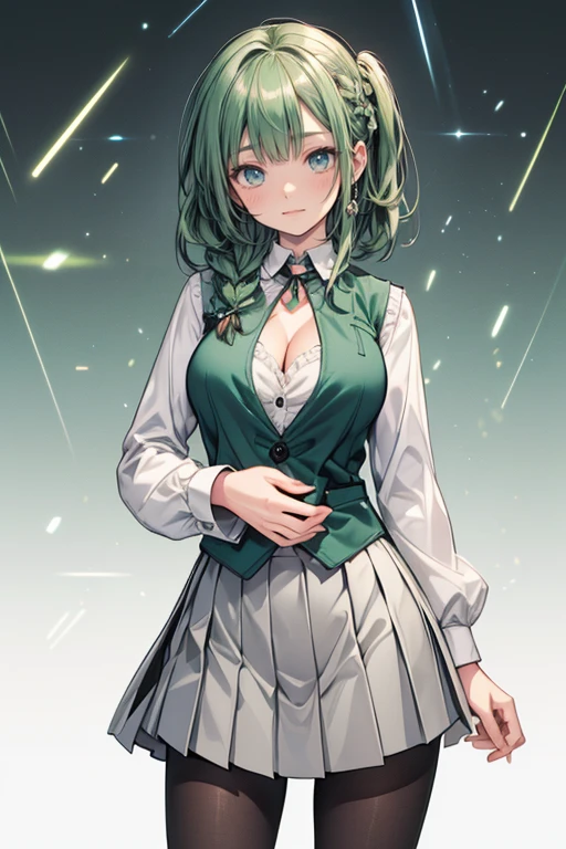 1girl, koichoco , green jacket, large breasts, breasts, black hair, (medium hair:1.2) , purple eyes, smile , cowboy shot