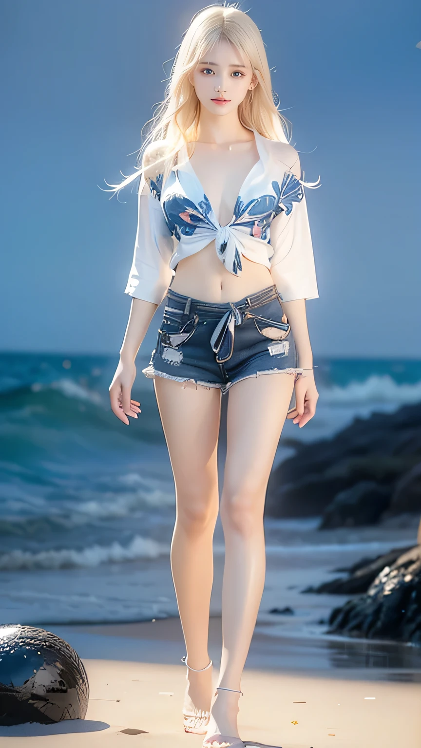 young girl, cat ears, Tight turquoise top, No sleeve, shorts, open belly, white pattern on clothes, grin, big breasts, masterpiece, highest quality、4k, 8k, Highest image quality、beach house、Blue sky、