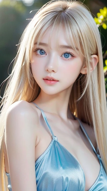 Caucasian girl with blonde hair and blue eyes、15 year old、perfect quality、best shot、High quality, high resolution、beach、small chest、white bikini、1girl、sunny sandy beach in the daytime、Shining brightly in the sunlight、smile、A girl cheerfully bathing in the water、A girl enters the sea and plays in the water with a happy smile、