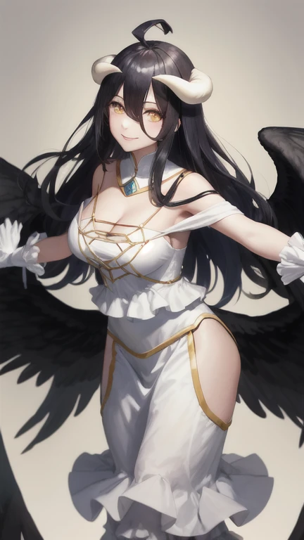 masterpiece, best quality, highres, al1, demon horns, slit pupils, white gloves, white dress, bare shoulders, detached collar, cleavage, black wings, feathered wings, low wings, cowboy shot, standing, dungeon, evil smile, reaching out, spread arms, outstretched arms,