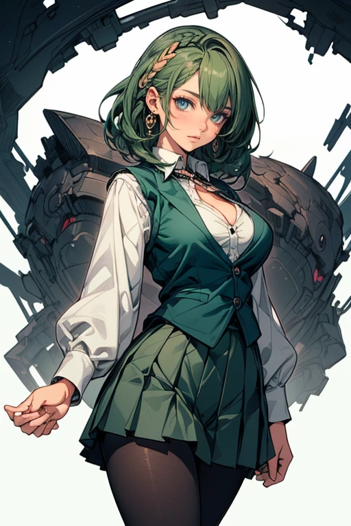(best quality:1.3), (masterpiece:1.3), (illustration:1.3), (ultra-detailed:1.3), (mid shot:0.9), 1girl, short hair, white hair, green eyes, green blazer, black skirt, looking at viewer, hair ornaments, night sky, starry sky, long hair, large breasts, from front,
