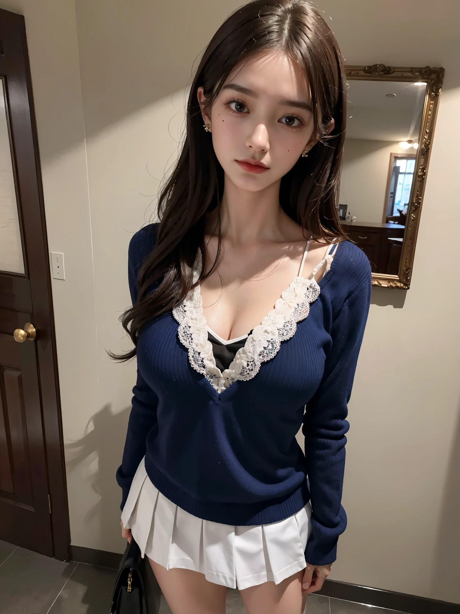 highest quality、High resolution、Ultra-detailed、masterpiece、Raw photo、Realistic、Realistic, Very delicate and beautiful、In detail、1 Female、(so beautiful)、(Beautiful Face:1.5)、The outline of the pubic area is clear、please sit down、room、Spread your legs、(White panties that bite into:1.4)、(water from vaginal:1.3)、show off、(High School Uniform)、(Dark blue pleated skirt)、(Wear black loafers)、seductive smile、blush