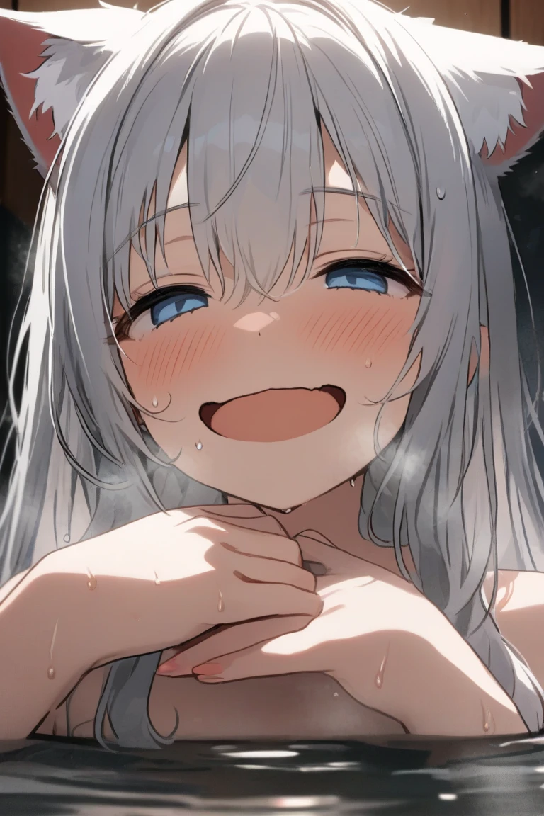 ((best quality)), ((highly detailed)), masterpiece, ((official art)), detailed face, beautiful face, (detailed eyes, deep eyes), (1girl:1.33, solo), <lora:murkysCumOnTongue_1:1>, open mouth, tongue, tongue out, cum in mouth, cum on tongue, ((blush)), smile, cum on hands, cupping hands, own hands together, (((wolf girl)), wolf ears, (fangs), ((blue eyes)), (grey hair), (abs), (muscular), fluffy tail)