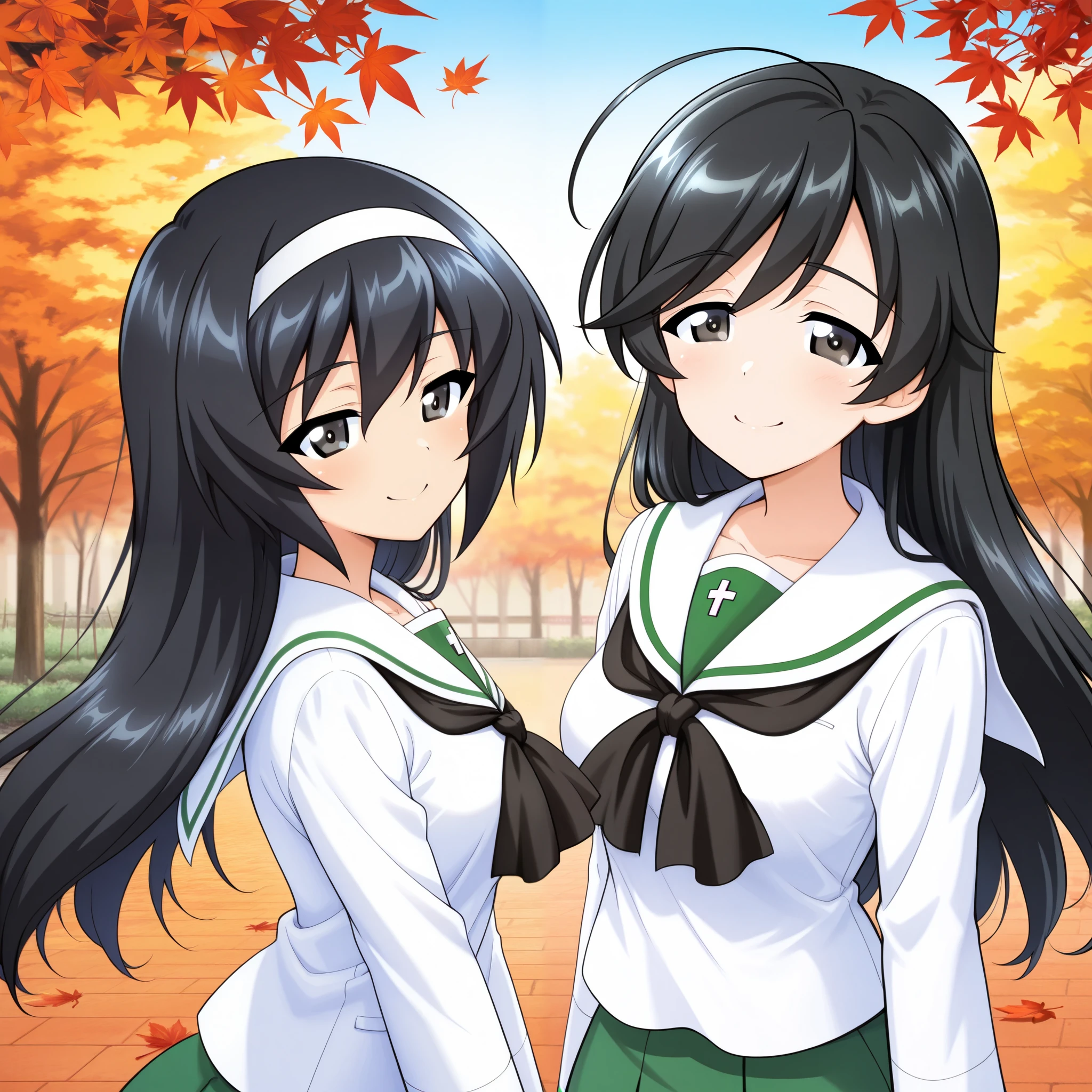 high resolution, best quality, Super Quality , two girls、smile、(Reizei Mako、 black hair、 Brown Eyes)、(Isuzu Hana , black hair, long hair, stupid hair, black eyes :1.3)、Uniform up、 ( Oarai school uniform :1.3),White sailor collar, black neckerchief , white shirt, Long Sleeve , Green Skirt 、 outdoor、Maple、autumn leaves
