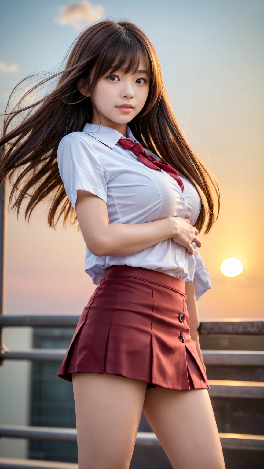 ung girl, laugh shyly, (highly detailed eyes, highly detailed hair, highly detailed face), extremely detailed CG unified 8k wallpaper, Highly detailed, High-definition raw color photos, Professional Photography, Realistic portrait, Cinematic Light, Bangs, (Beautiful breasts), (High school uniform with open breasts), (Pleated mini skirt:1.2), hair blowing in the wind, (no panties:1.3), sitting, spread legs wide open, outdoors, beach, (beautiful sunset:1.2), (((Bokeh))), depth of fields, (View from below),