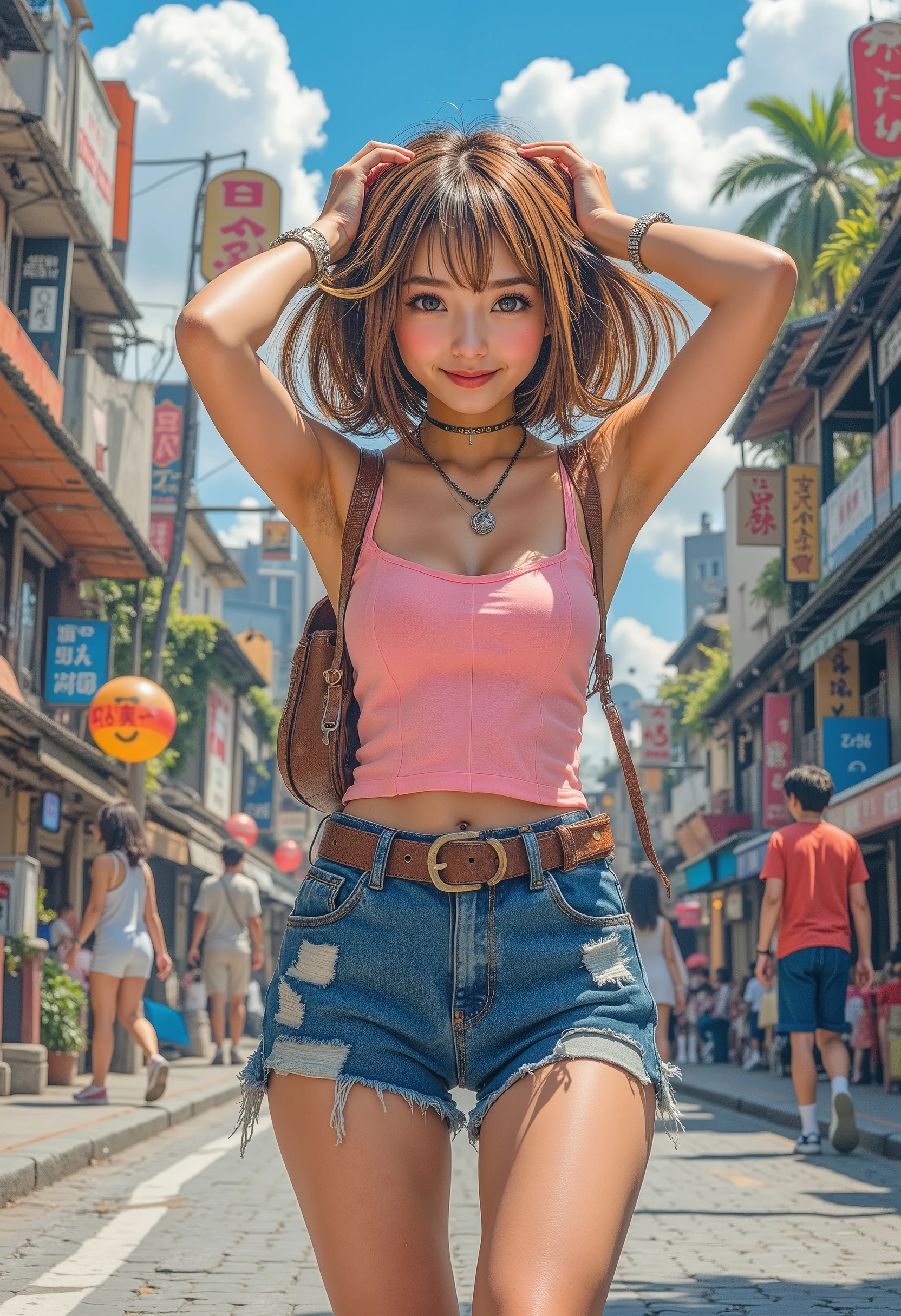 photorealistic, 1 girl, smily, Looking up, full body, tank top, short pants, (hands up, arms raised in air), on the streets, stunding, super focus on the under arms, masterpiece, best quality, (High Definition, masterpiece, Accurate, top quality, High Definition model, high detail, (((The textures are soft))), ((matte and toy-like with a handmade premium look)), (((Tim Burton style))), big breasts,