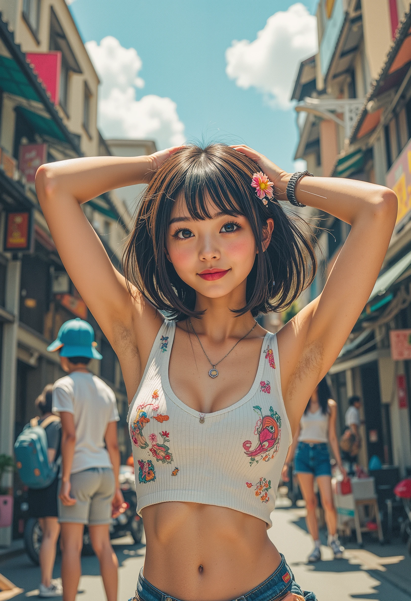 photorealistic, 1 girl, smily, Looking up, full body, tank top, short pants, (hands up, arms raised in air), on the streets, stunding, super focus on the under arms, masterpiece, best quality, (High Definition, masterpiece, Accurate, top quality, High Definition model, high detail, (((The textures are soft))), ((matte and toy-like with a handmade premium look)), (((Tim Burton style))), big breasts,
