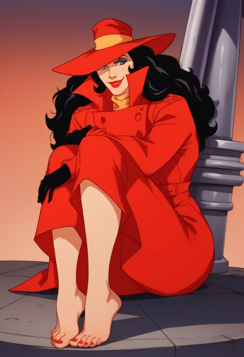 score_9, score_8_up, score_7_up, score_6_up, score_5_up, score_4_up , source_cartoon, xcarmenx, 1 girl, solo, black hair, long hair, blue eyes, makeup, lipstick, hat, trench coat, gloves, high heels, sitting on leather red chair, spread legs, smiling, red lace panties, cameltoe,