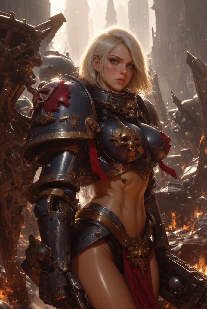 ((best quality)), ((masterpiece)), (detailed, extremely detailed), adepta sororitas, ((broken armor, torn clothes and armor, damaged clothes, torn clothes, armor damage)), (only one breast uncovered, breast exposed, nipple visible), (visible pussy, visible vagina, pussy exposed), (damaged city background, burning background, destroyed city on fire), white hair, extreme detailed pattern, metal armor, knight, warhammer 40k, space marine, black metal armor, broken armor, fit-muscled body, defeated, <lora:FEHDamaged:1>, <lora:WH40KSisters_V2rank8:0.7>