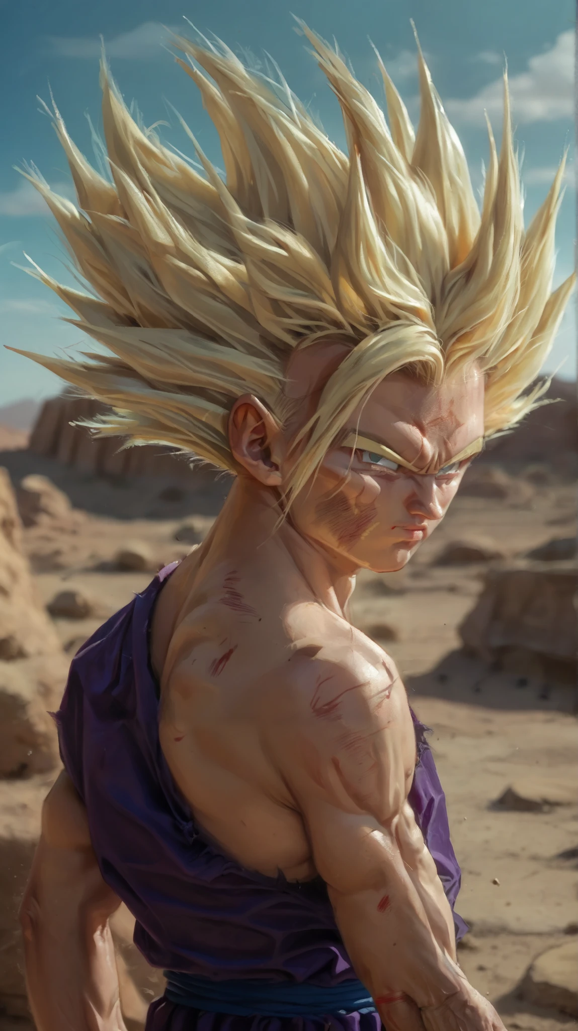 score_9, score_8_up, score_7_up,source_anime, rating_safe, ((Solo:1.3)),portrait,( a boy in desert:1.0),round iris,(Style:1.2),(Ssj2,Purpleclothes:1.0) looking camera,graass, (slim:1.5)neolight