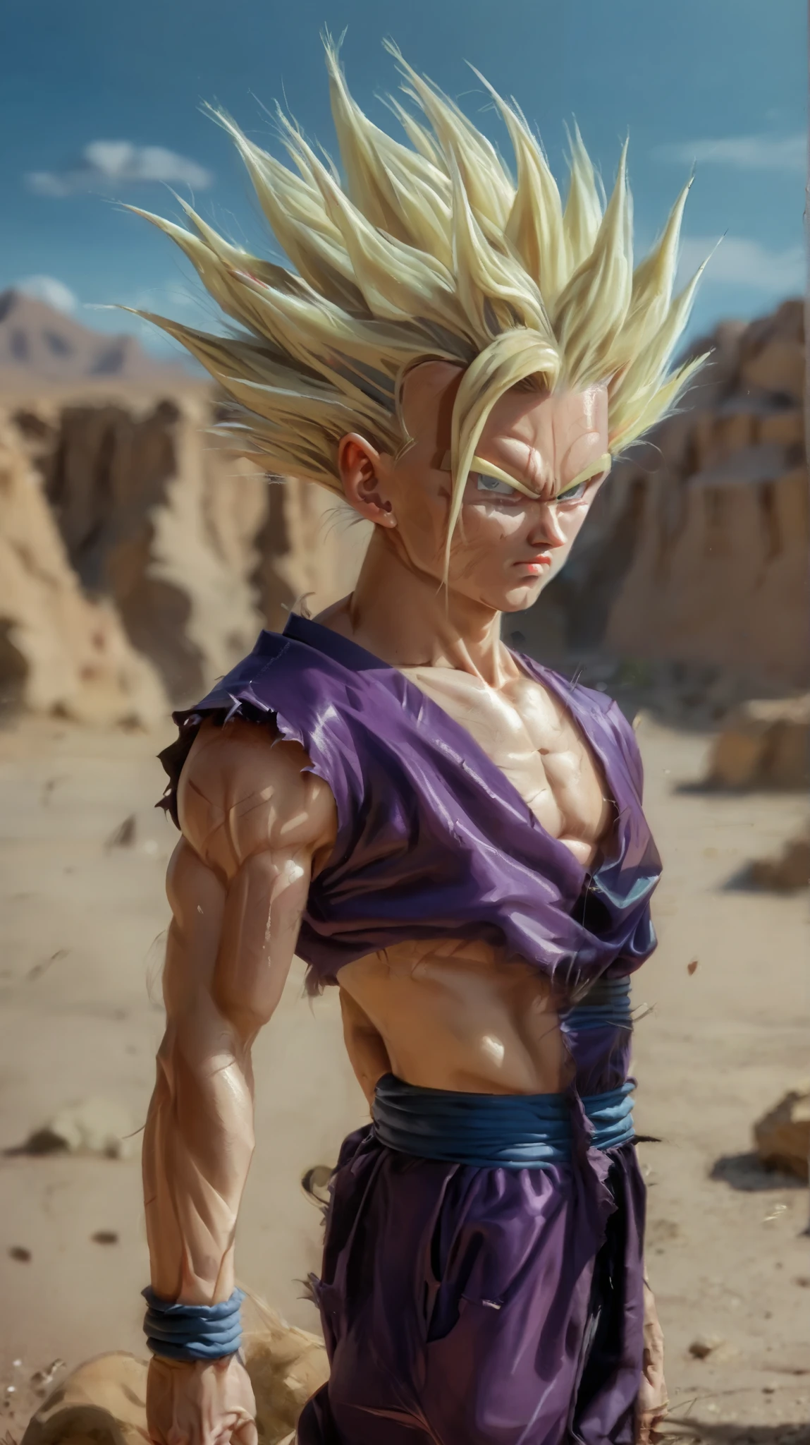 score_9, score_8_up, score_7_up,source_anime, rating_safe, ((Solo:1.3)),portrait,( a boy in desert:1.0),round iris,(Style:1.2),(Ssj2,Purpleclothes:1.0) looking camera,graass, (slim:1.5)neolight